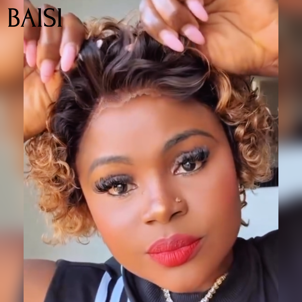 BAISI Perruque Pixie Curly sans Colle 66€ En Couleur Noir et Miel 1B-27# 100% Cheveux Humains Promotion