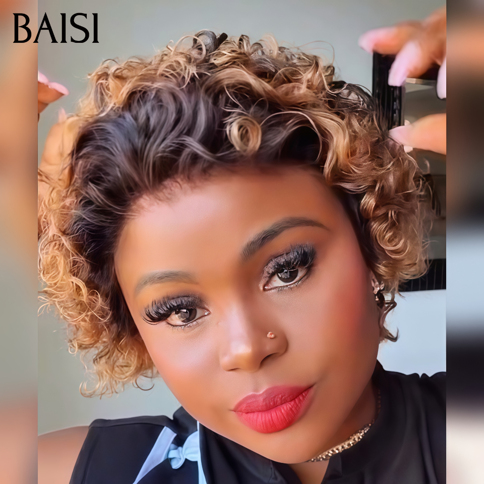 BAISI Perruque Pixie Curly sans Colle 66€ En Couleur Noir et Miel 1B-27# 100% Cheveux Humains Promotion