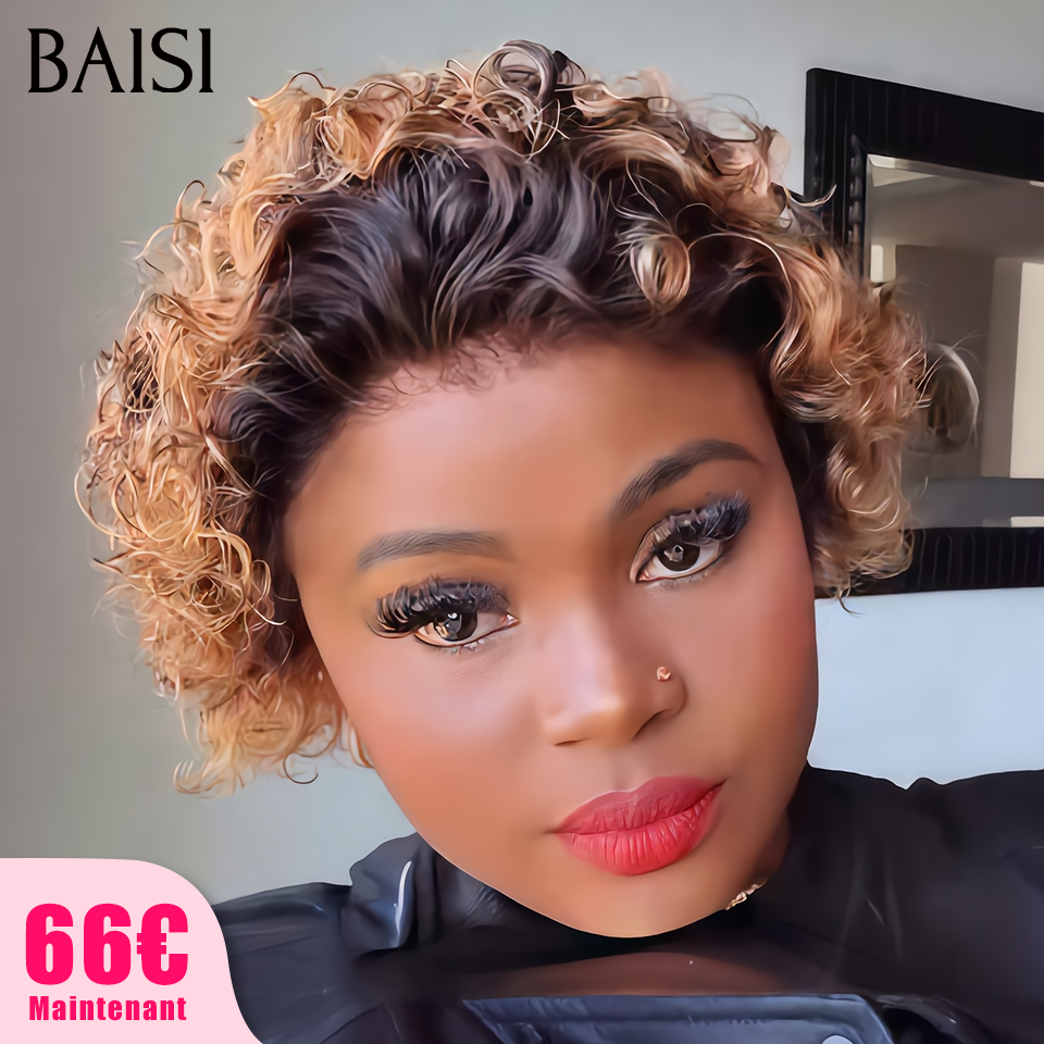 BAISI Perruque Pixie Curly sans Colle 66€ En Couleur Noir et Miel 1B-27# 100% Cheveux Humains Promotion