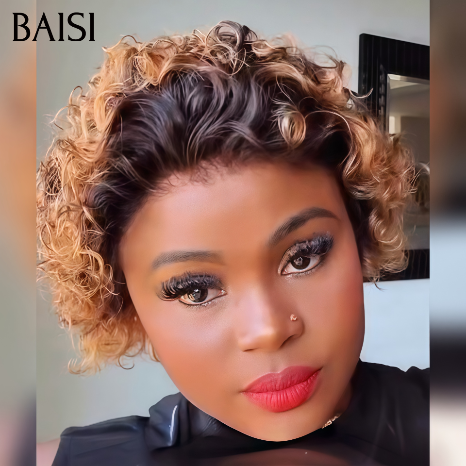 BAISI Perruque Pixie Curly sans Colle 66€ En Couleur Noir et Miel 1B-27# 100% Cheveux Humains Promotion