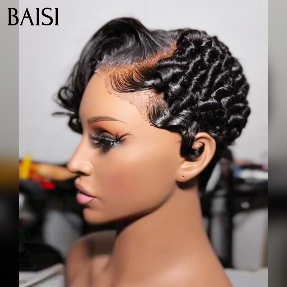 BAISI Promo 75€ Perruque Pixie Chioma Odulation Demi Frange  13x4 lace frontal raie de coté en 100% Cheveux Humains
