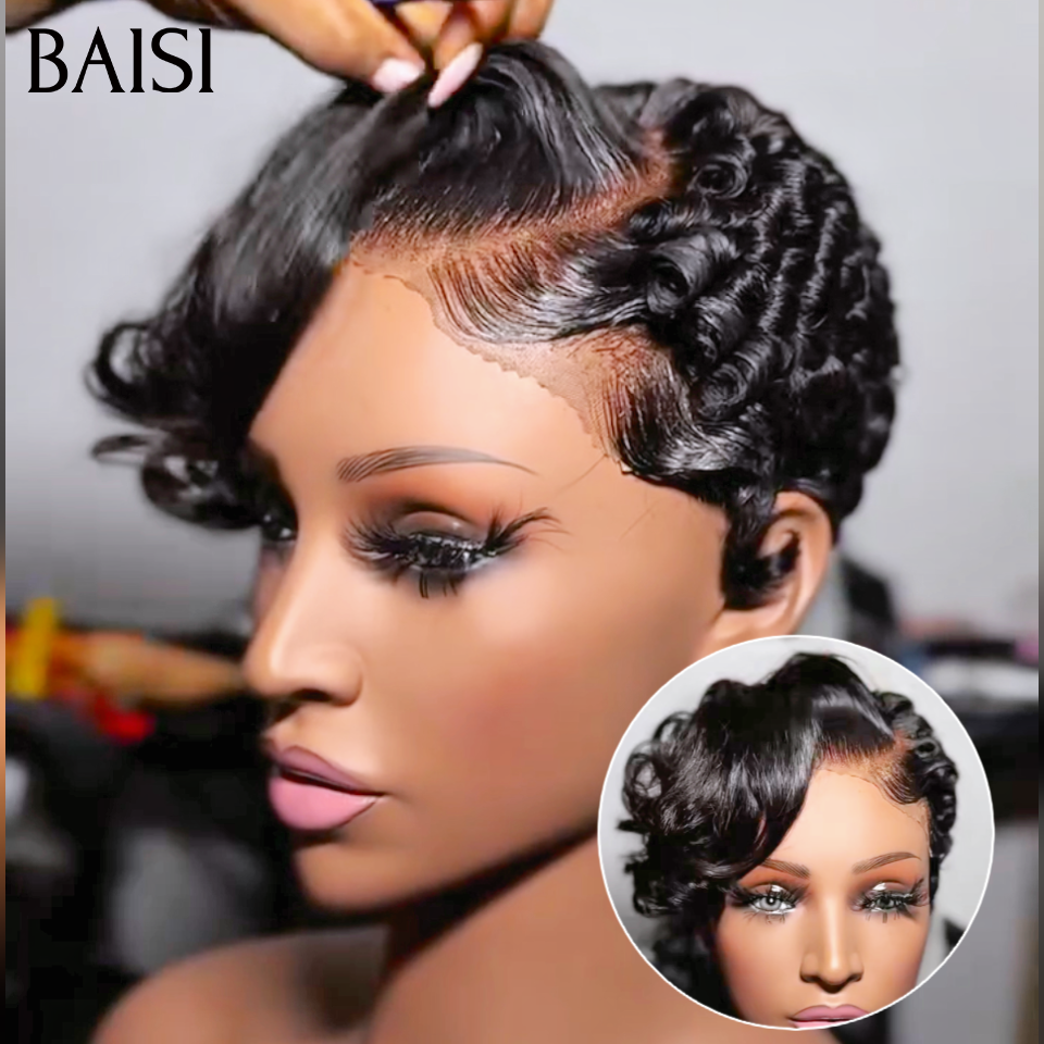 BAISI Promo 75€ Perruque Pixie Chioma Odulation Demi Frange  13x4 lace frontal raie de coté en 100% Cheveux Humains