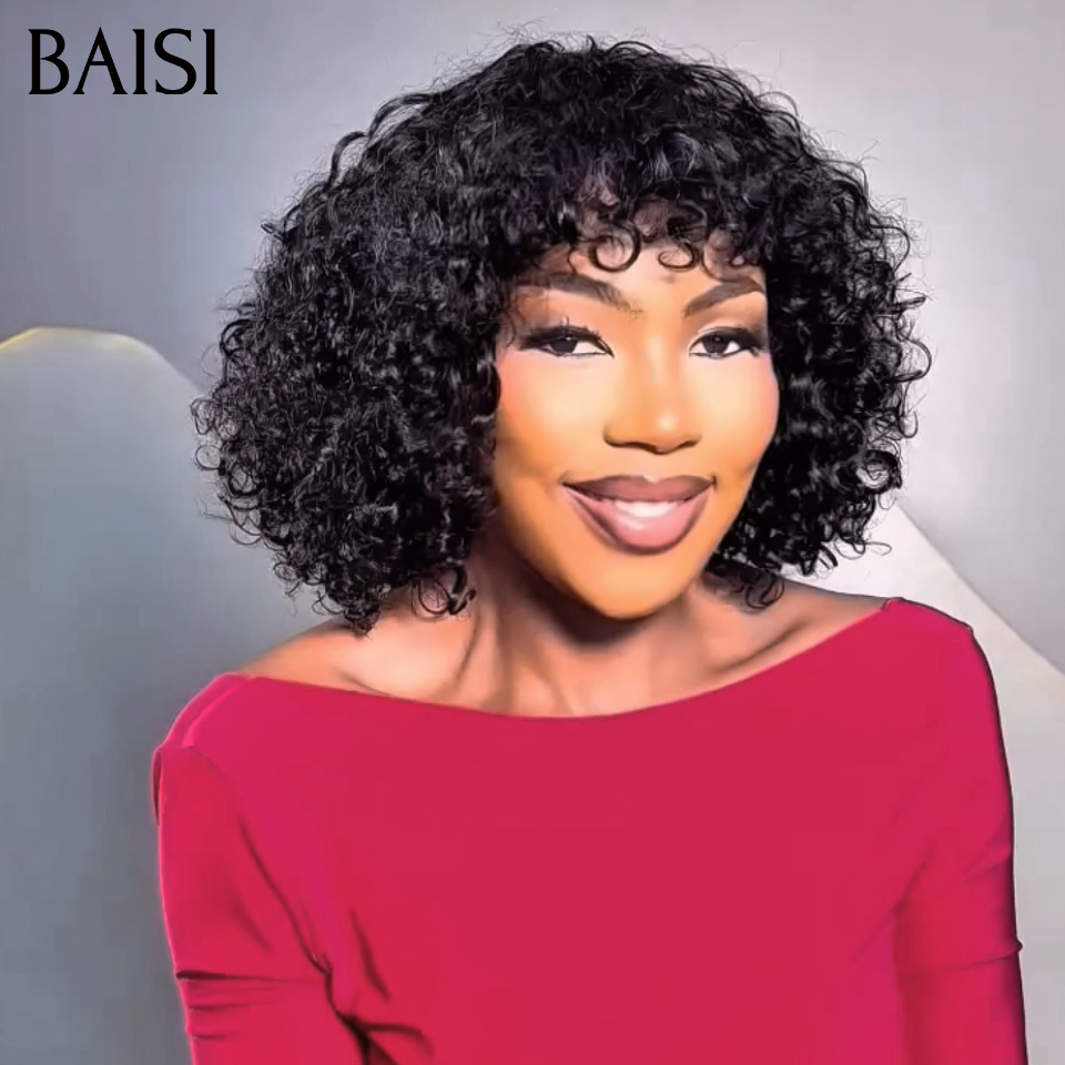 BAISI Perruque BOB Curly Wave Avec Frange Noir 6pouces 45€ et 12 pouce 88€  Perruque Sans Colle Facile à Porter en 100% vrais cheveux humains