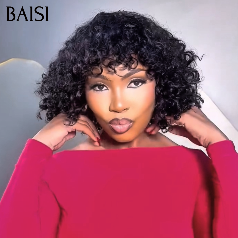 BAISI Perruque BOB Curly Wave Avec Frange Noir 6pouces 45€ et 12 pouce 88€  Perruque Sans Colle Facile à Porter en 100% vrais cheveux humains