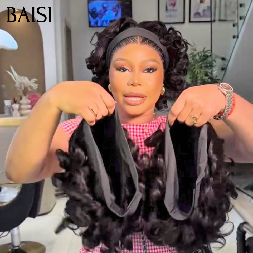 BAISI Perruque Bandeau BOB Egg Wave Noir 10Pouces Prix Promotion 89€ Seulement Très Belle Boucle Sans Colle Facile à Porter 100% Cheveux Humains