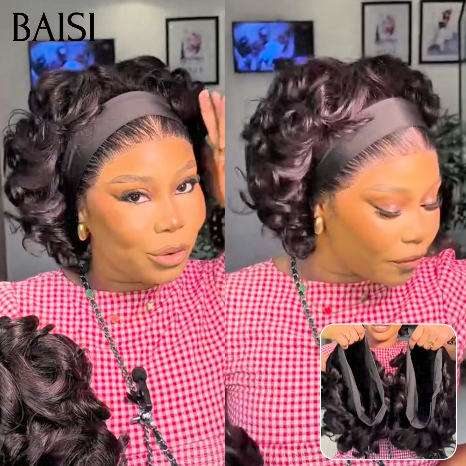 BAISI Perruque Bandeau BOB Egg Wave Noir 10Pouces Prix Promotion 89€ Seulement Très Belle Boucle Sans Colle Facile à Porter 100% Cheveux Humains