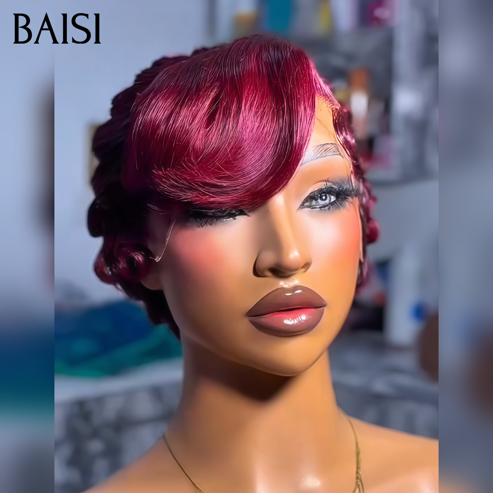 BAISI  13X4 lace Perruque Pixie Petit Bouclée Mi Frange 79€ Couleur Rouge Bordeaux  Pétillante 99J# en 100% Cheveux Humains