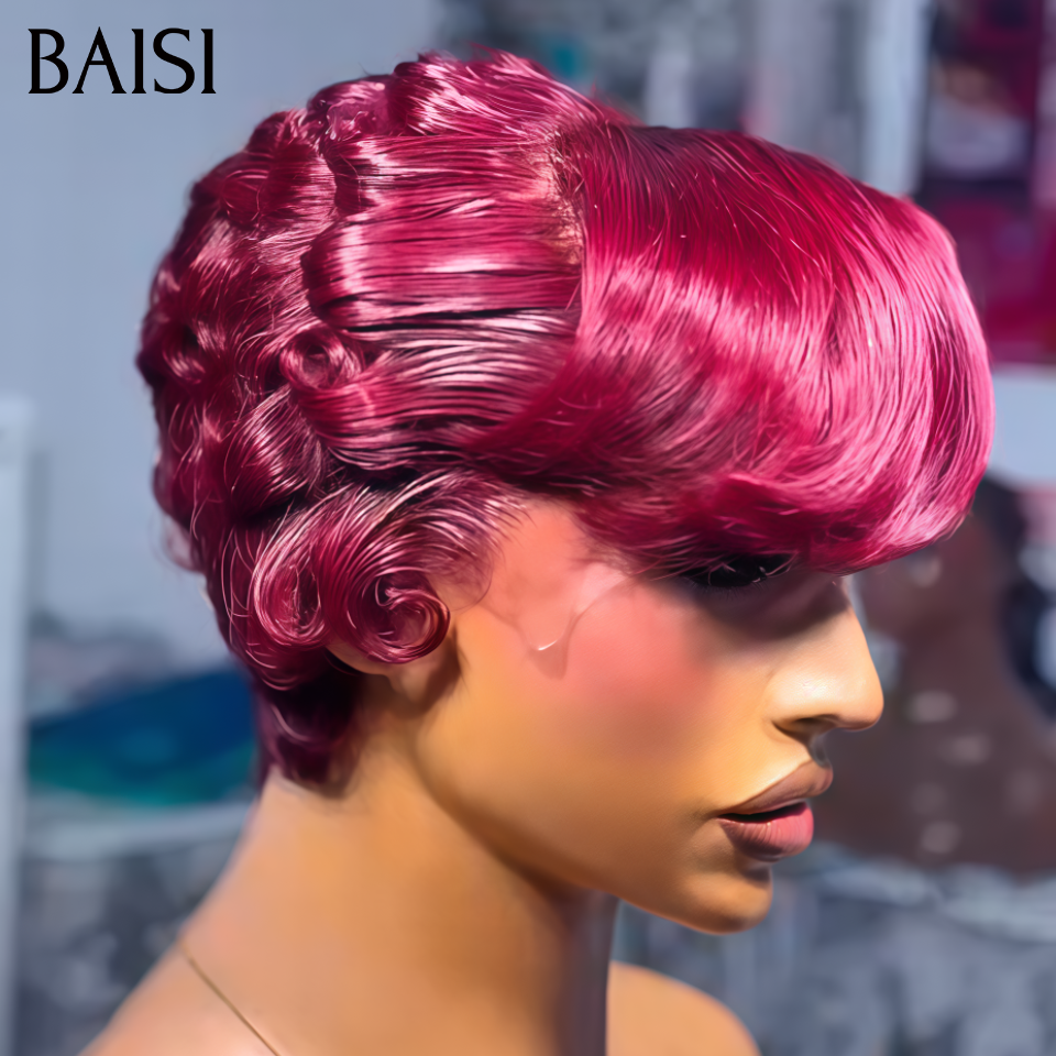 BAISI  13X4 lace Perruque Pixie Petit Bouclée Mi Frange 79€ Couleur Rouge Bordeaux  Pétillante 99J# en 100% Cheveux Humains
