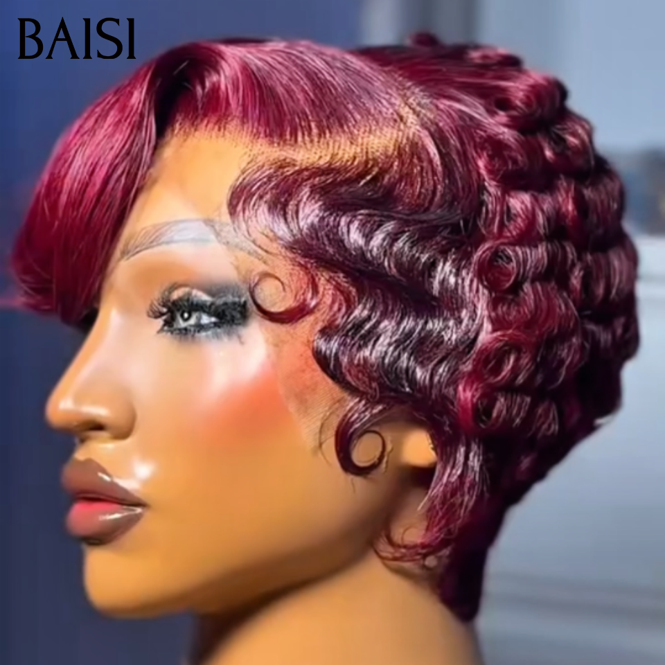 BAISI  13X4 lace Perruque Pixie Petit Bouclée Mi Frange 79€ Couleur Rouge Bordeaux  Pétillante 99J# en 100% Cheveux Humains