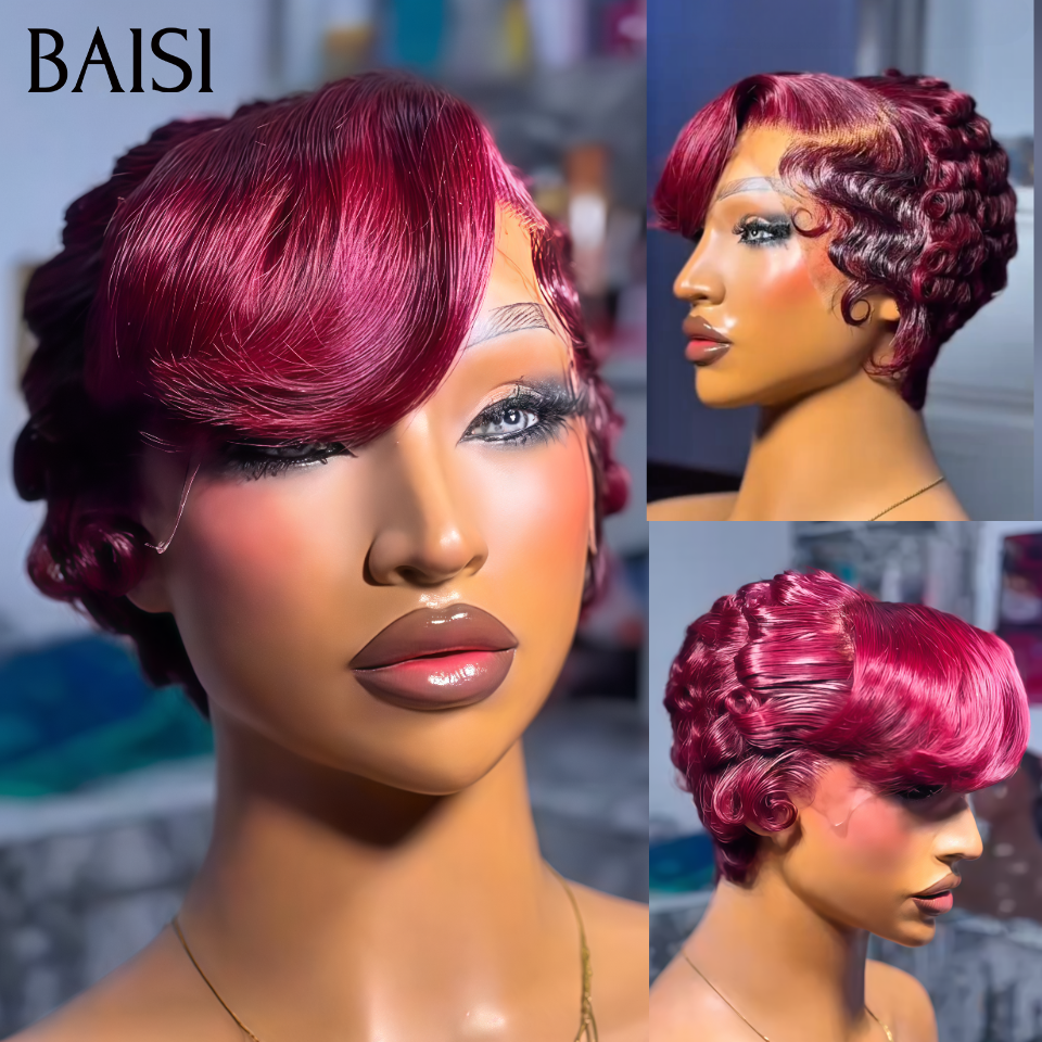 BAISI  13X4 lace Perruque Pixie Petit Bouclée Mi Frange 79€ Couleur Rouge Bordeaux  Pétillante 99J# en 100% Cheveux Humains
