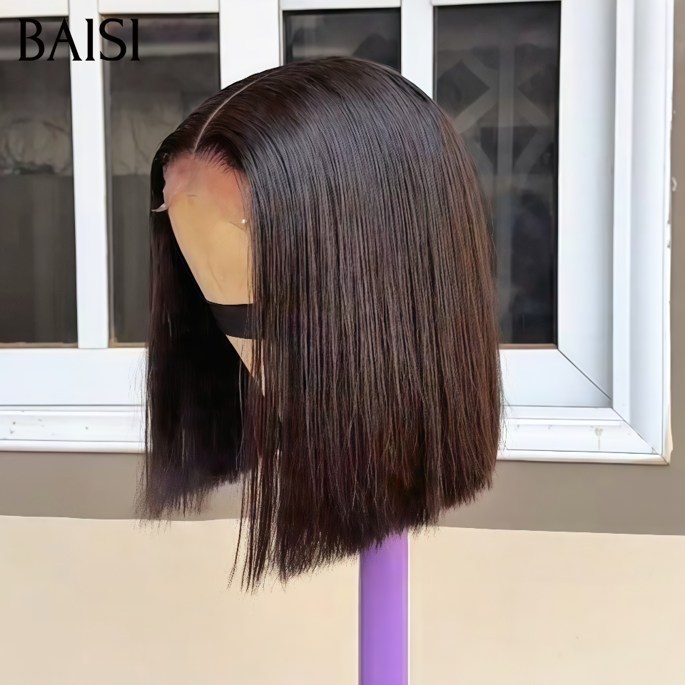 BAISI Perruque Bob Lisse Noir Lace Closure 4x4 Prix Imbattable à Partir de 69€ Seulement En 100% Vrais Cheveux Humains