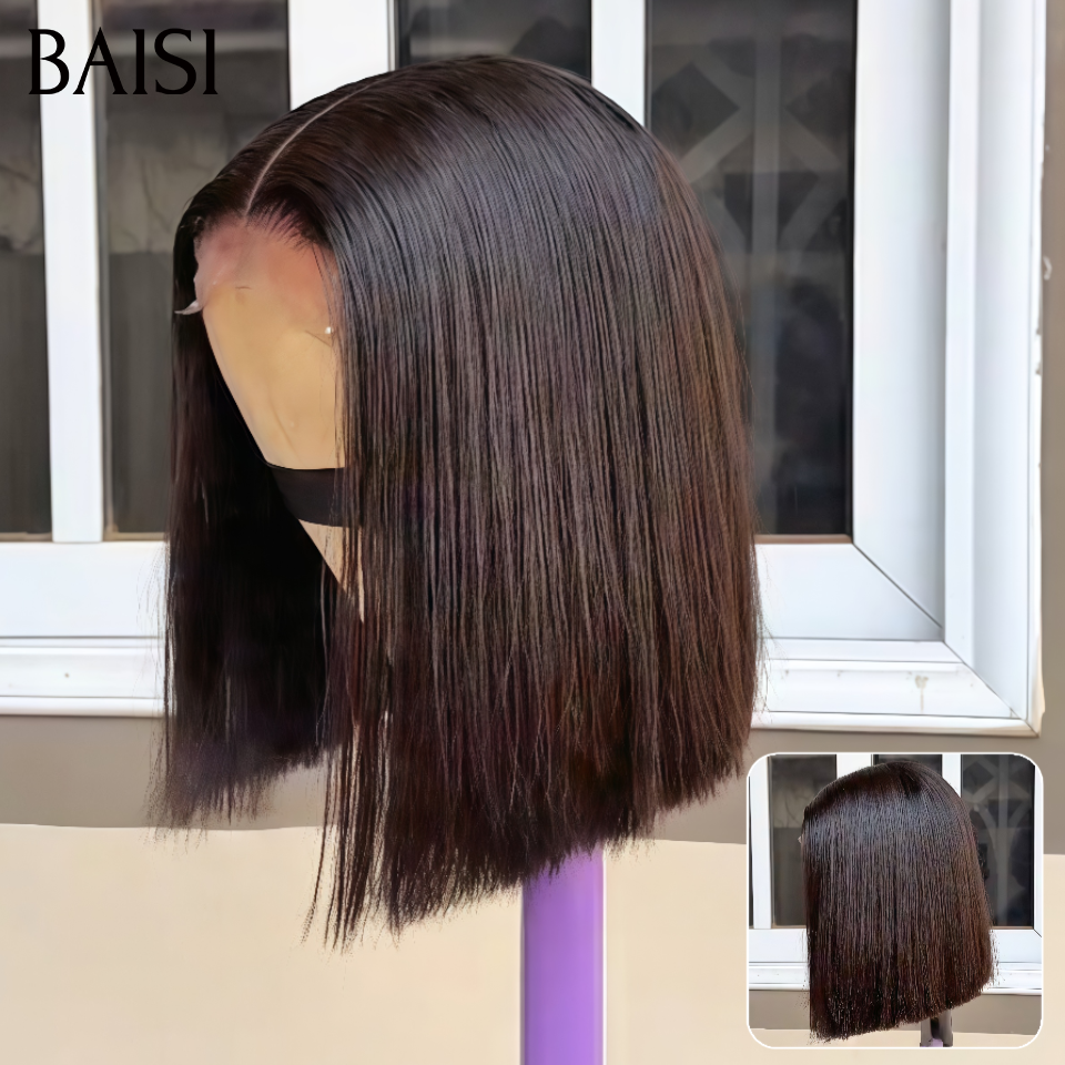 BAISI Perruque Bob Lisse Noir Lace Closure 4x4 Prix Imbattable à Partir de 69€ Seulement En 100% Vrais Cheveux Humains