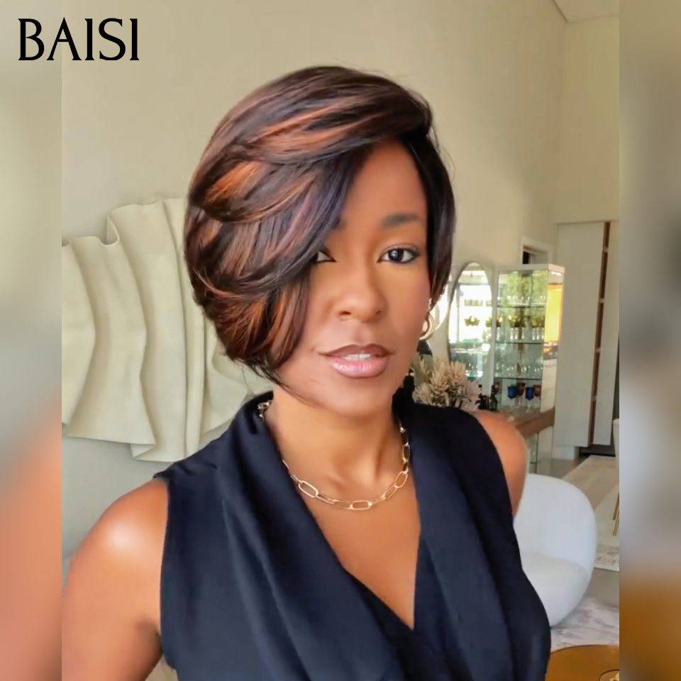 BAISI Perruque Pixie Lisse Lace 13x4 Frontal 69€ En Couleur Marron Mixte Noir 1BT4# Coupe Stylée Très Charmante En 100% Cheveux Humains