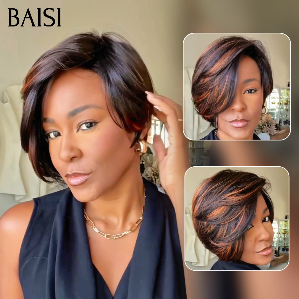 BAISI Perruque Pixie Lisse Lace 13x4 Frontal 69€ En Couleur Marron Mixte Noir 1BT4# Coupe Stylée Très Charmante En 100% Cheveux Humains