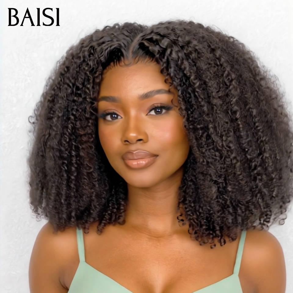 BAISI Perruque Afro Curly Bouclée Serrée  T-part lace Noir Volume Réelle 100% Identique Photo en 100% vrais cheveux humains