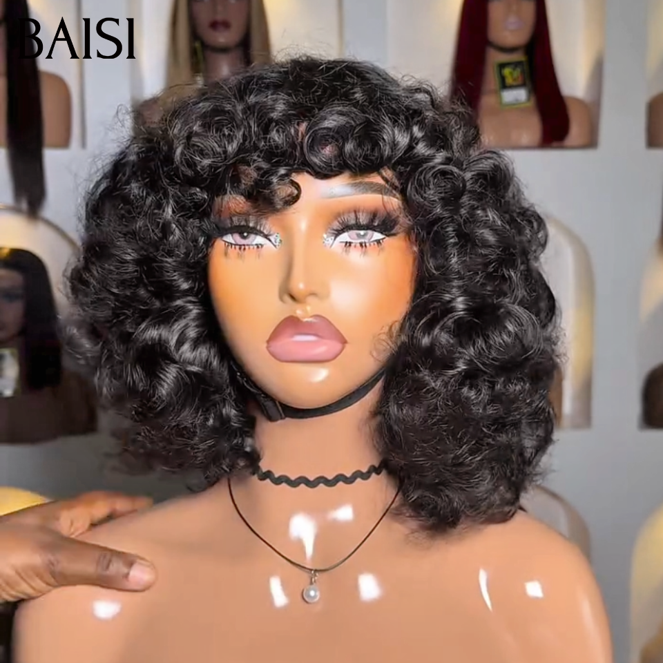 BAISI Perruque Bob Egg Wave Noir Avec Frange 76€ Prix Abordable Sans Lace Pas Besoin de Colle Pratique pour la Vie de Tous les Jours en 100% Cheveux Humains