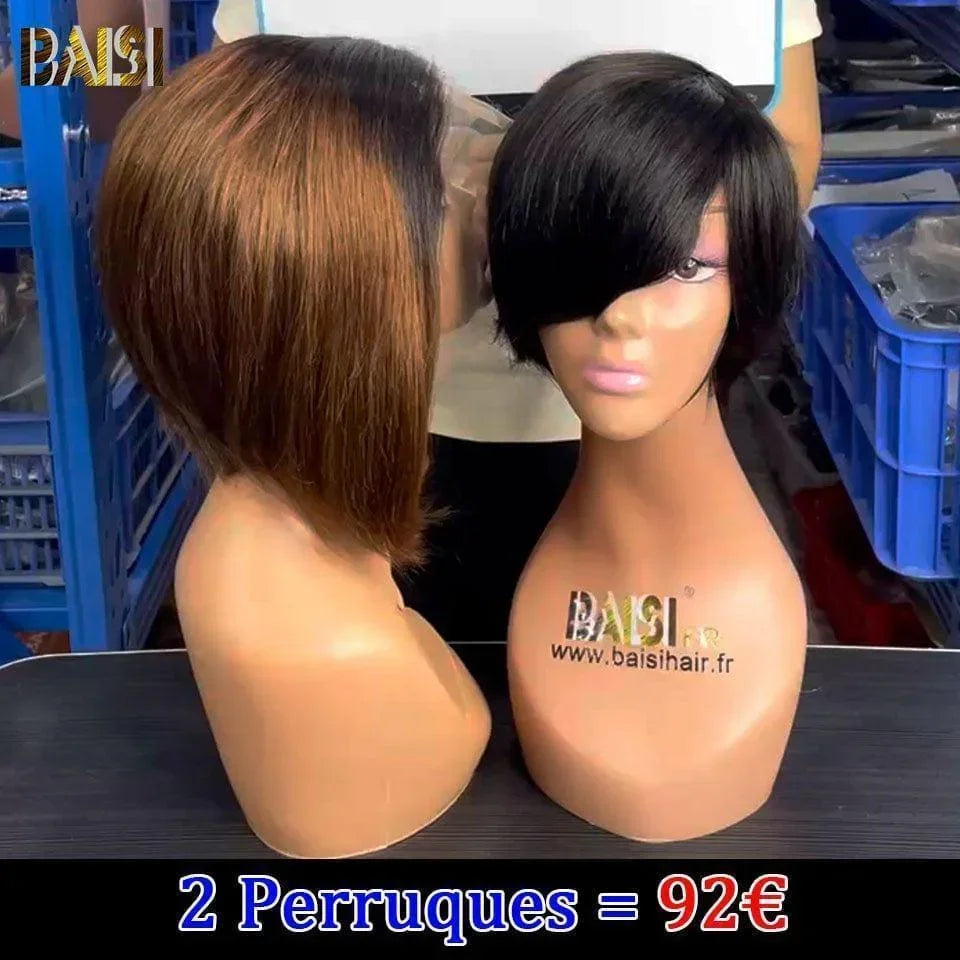 BAISI 2 Perruques bob 96€ 13X4 lace bob Perruque 1BT4# 8 pouces + pixie 9188 ou 119€ 4x4 lace body wave 10pouces +pixie water wave 6 pouces en 100% vrais cheveux humains