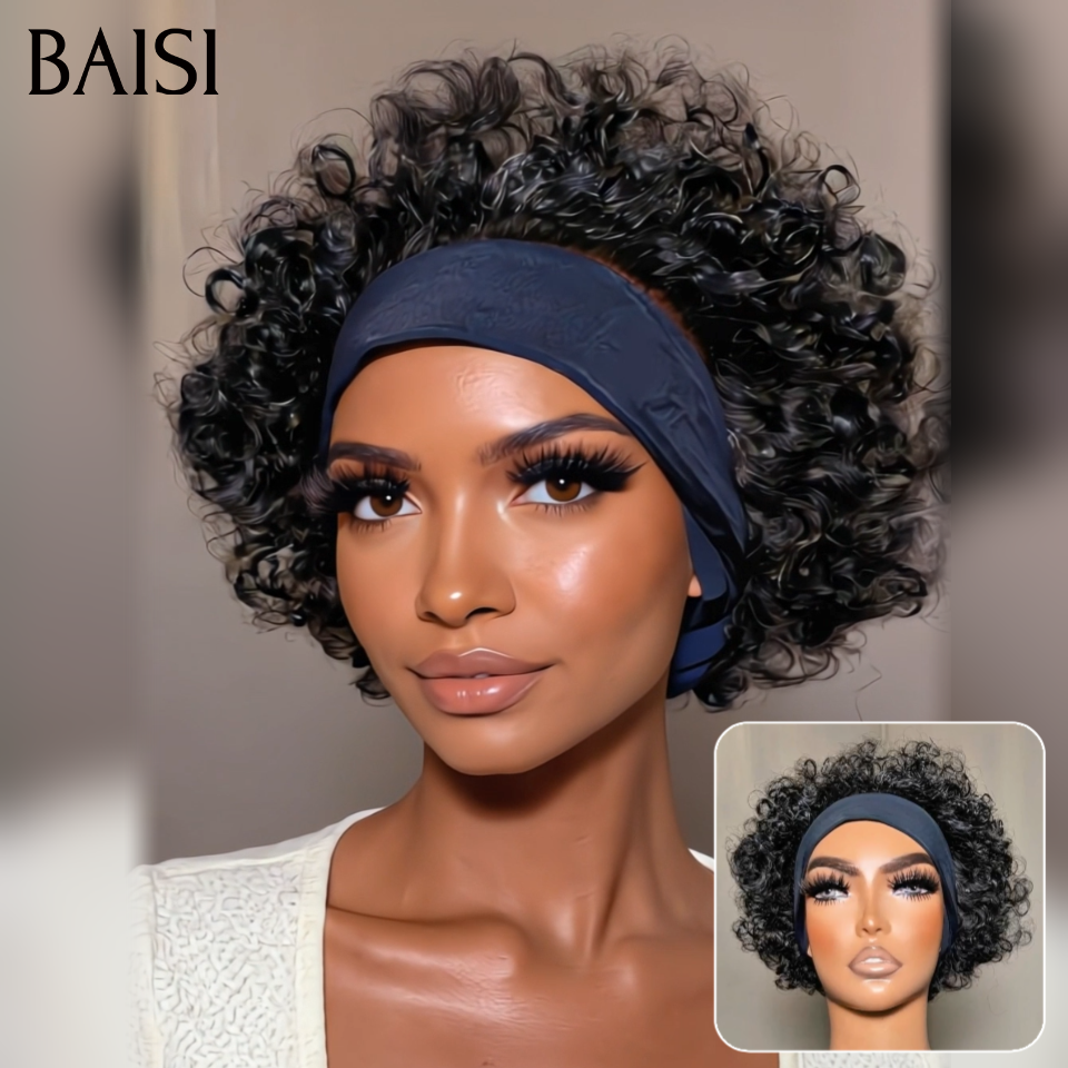 BAISI Perruque Bandeau BOB Bouclée Curly 10 Pouces 79€ Fabriquée A La Machine sans Colle sans lace en 100% Cheveux Humains