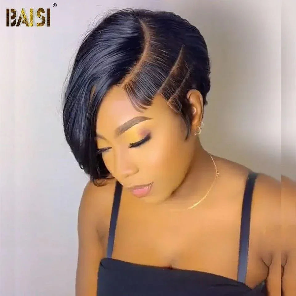 BAISI Perruque Full Lace 100% Cheveux Naturels Frontal  Ondulée Coupe Pixie Perruque personnalisée Lisse noir  en 100% cheveux humains