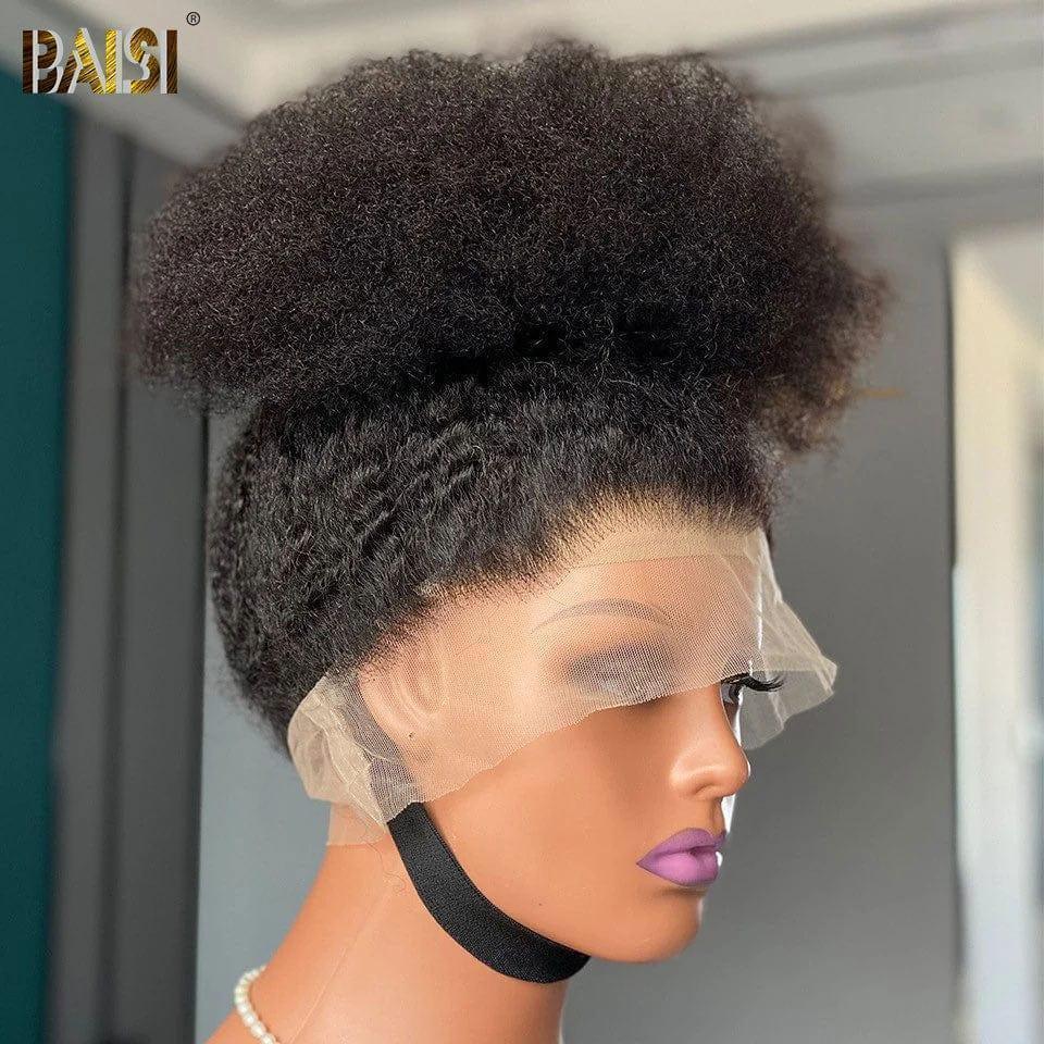 BAISI 360 Lace Wig 18 Inch BLACK Kinky Straight Real Human Hair Chignon Hairstyle