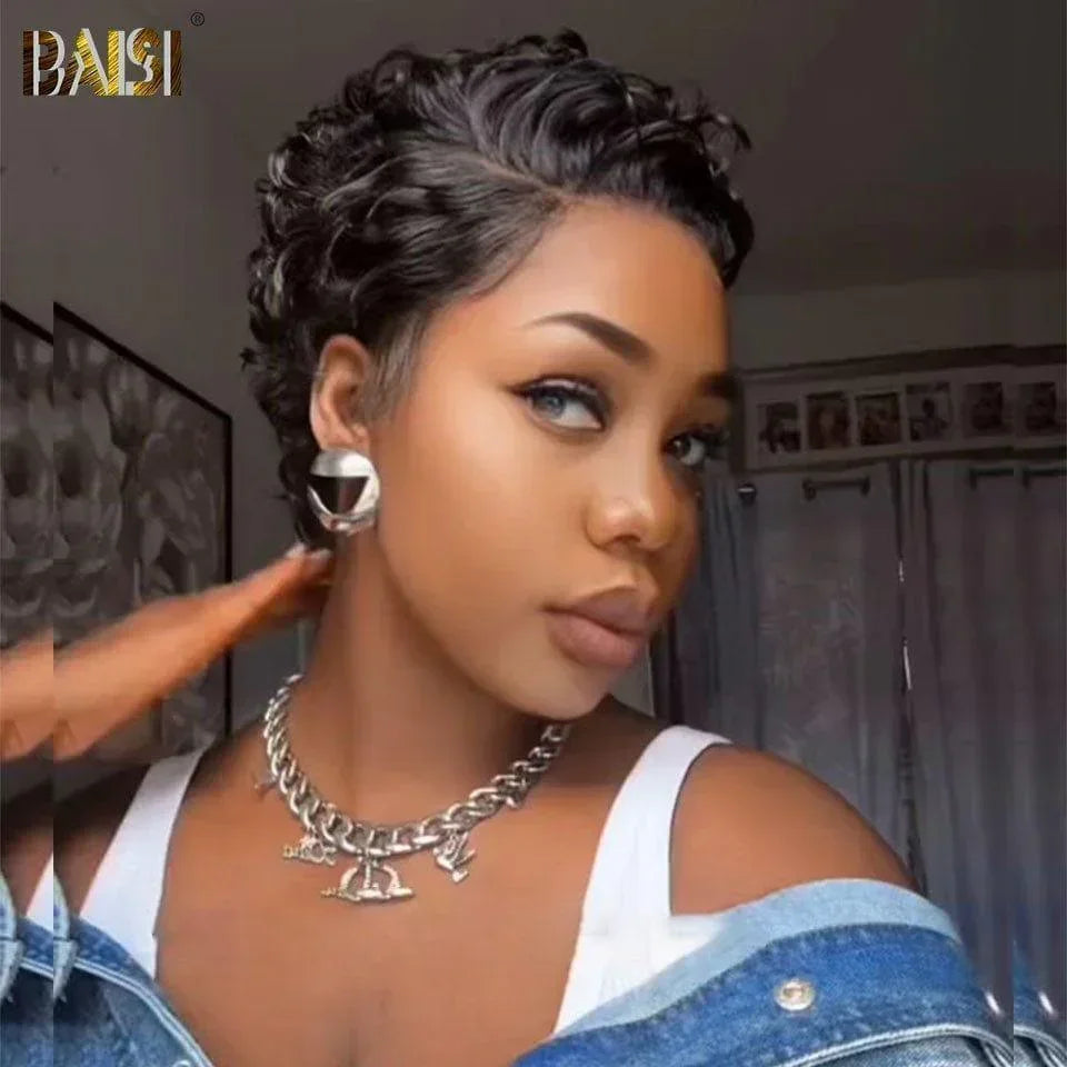 BAISI 13X4 Frontale  Perruque Pixie  petite coupe NOIR 6 pouces 79€ ou 1 pixie Blonde Curly  108€ En 100% Cheveux Humains