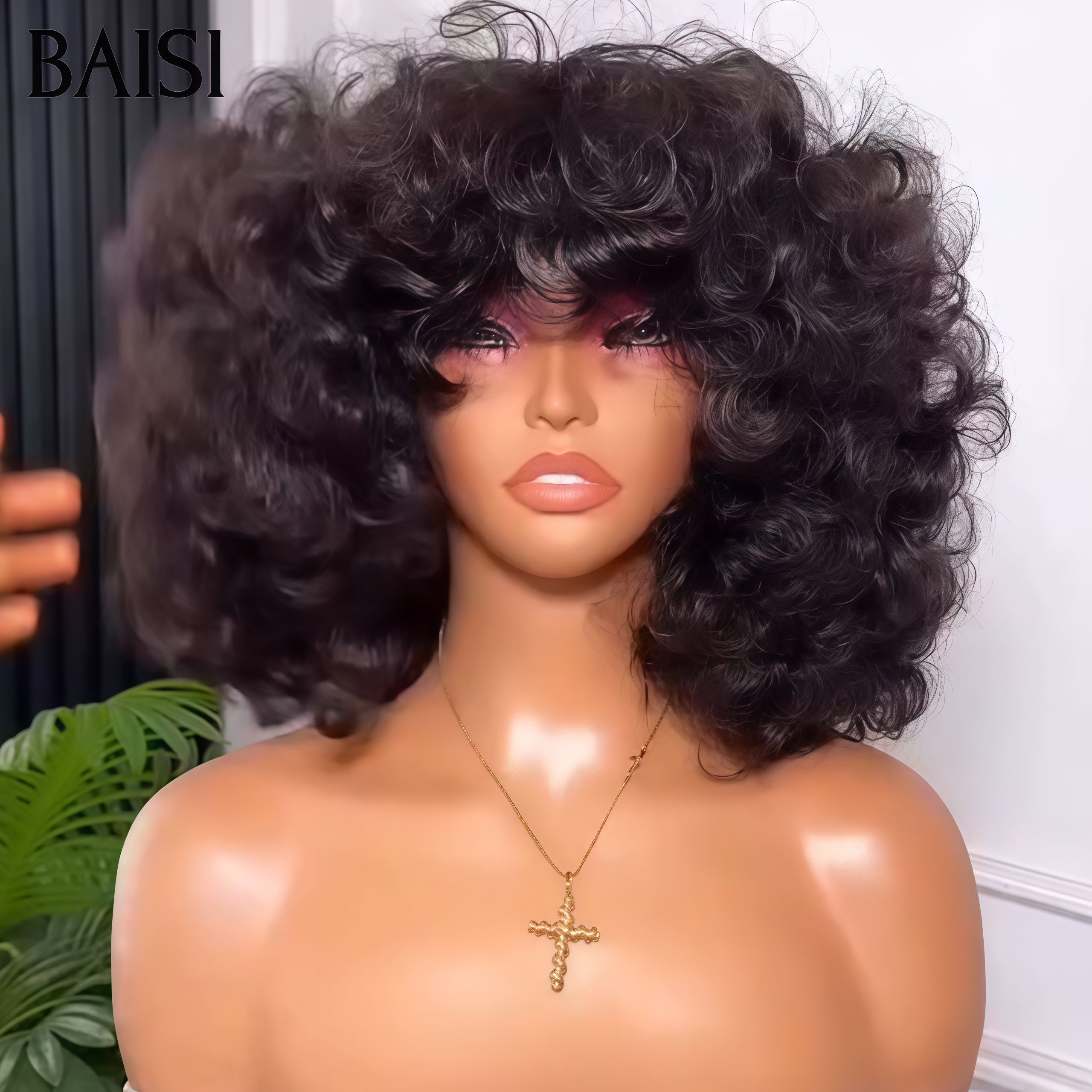 BAISI Luxury Egg Wave Wigs with Bangs Made by Double Drawn Hair with Natural Middle Parting 300% Density