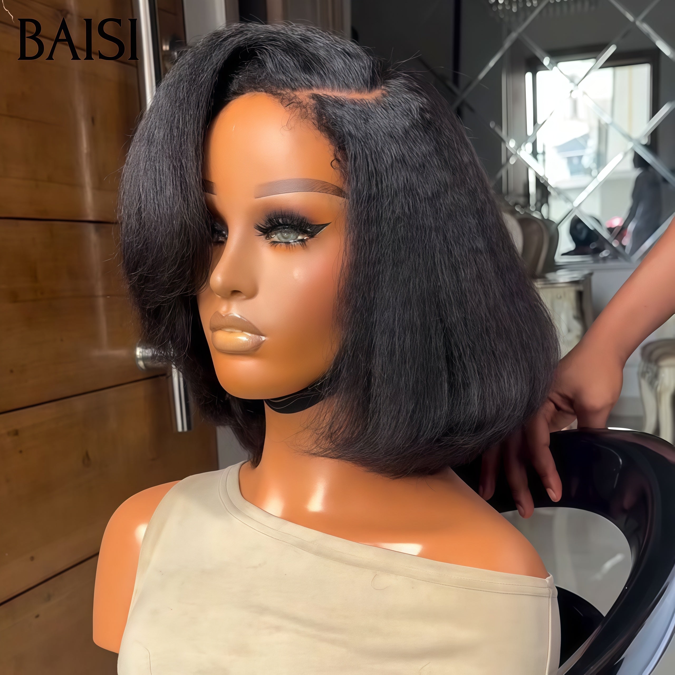 BAISI 13X4 lace frontal Perruque Bob 85€ Kinky Straight 12 pouces En couleur Marron 1BT4# ou Noir en 100% Raw Hair 4C Hairline 300% densité plus de 20 ans d' utilisations 100% Cheveux Humains