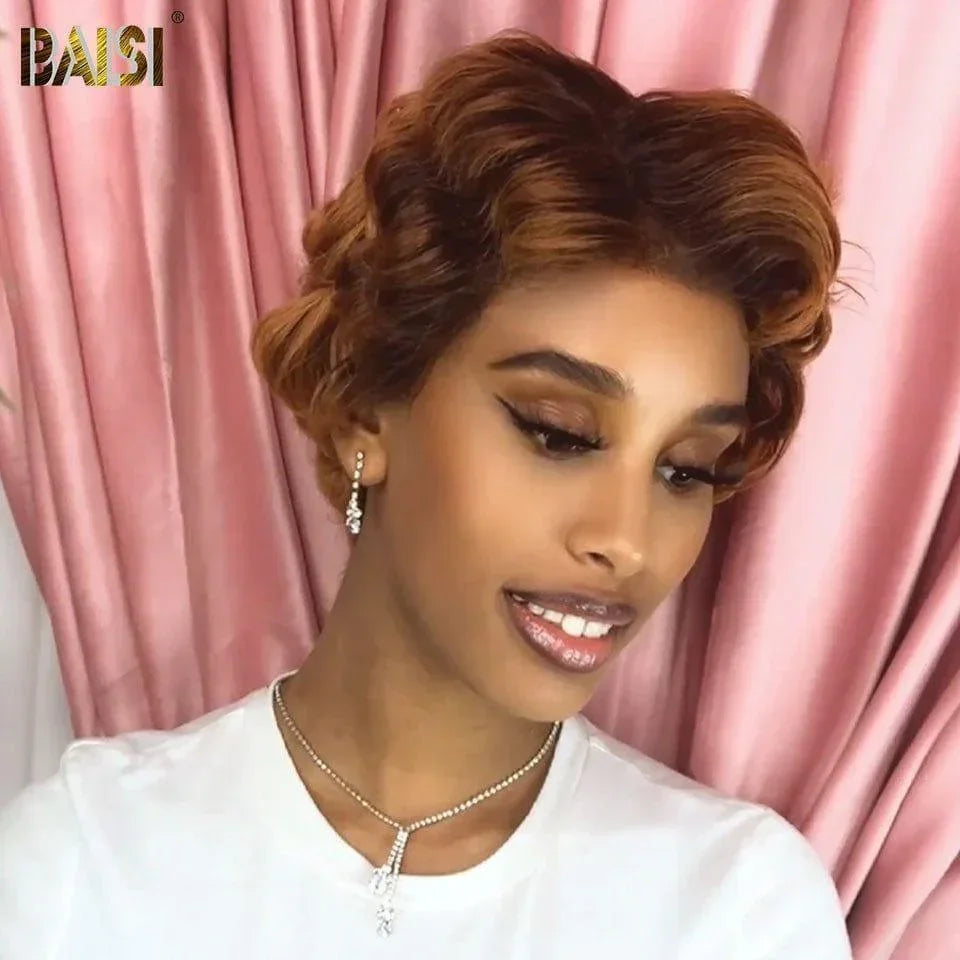 BAISI 13X4 Lace Frontale Perruque Pixie Finger Wave petite coupe  en Couleur 30# 77€ ou NOIR 56€ En 100% Cheveux Humains