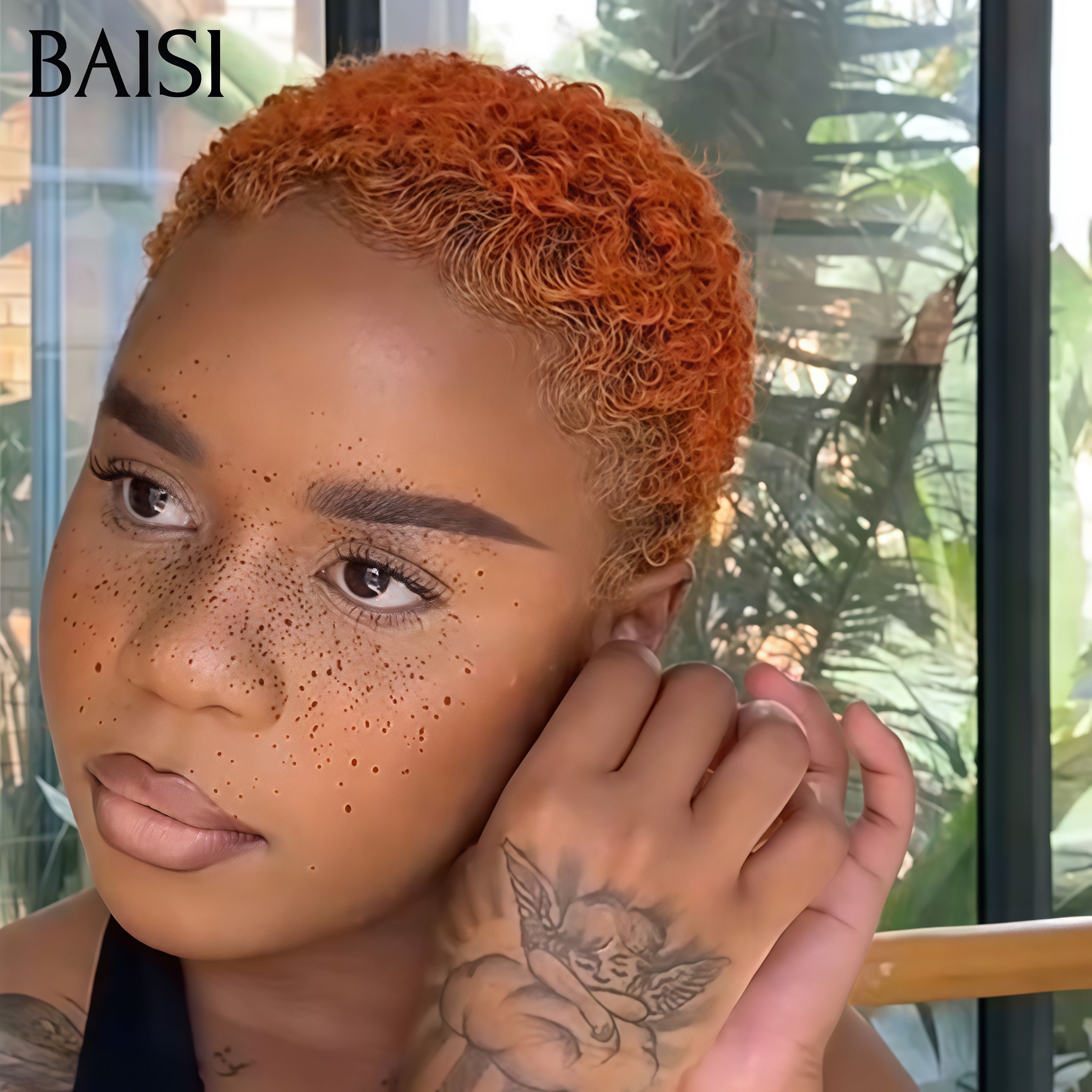 BAISI Full lace Perruques 159€ pixie afro orange 350# identique à la photo Facile à Porter  en 100% vrais cheveux humains