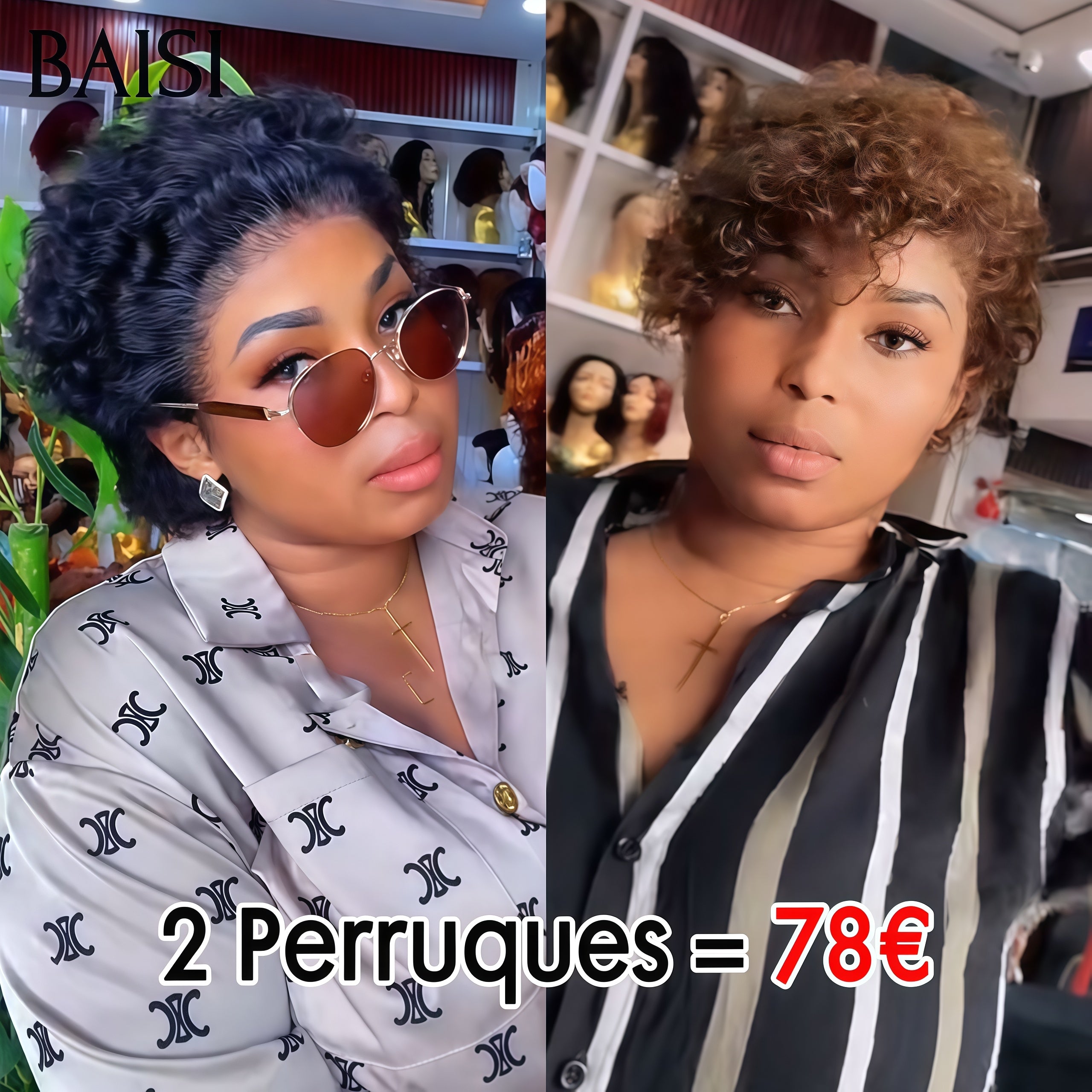 BAISI 2 perruques 78€ PROMO lace frontal  pixie curl wave en couleur NOIR et Marron en 100% vrais cheveux humains