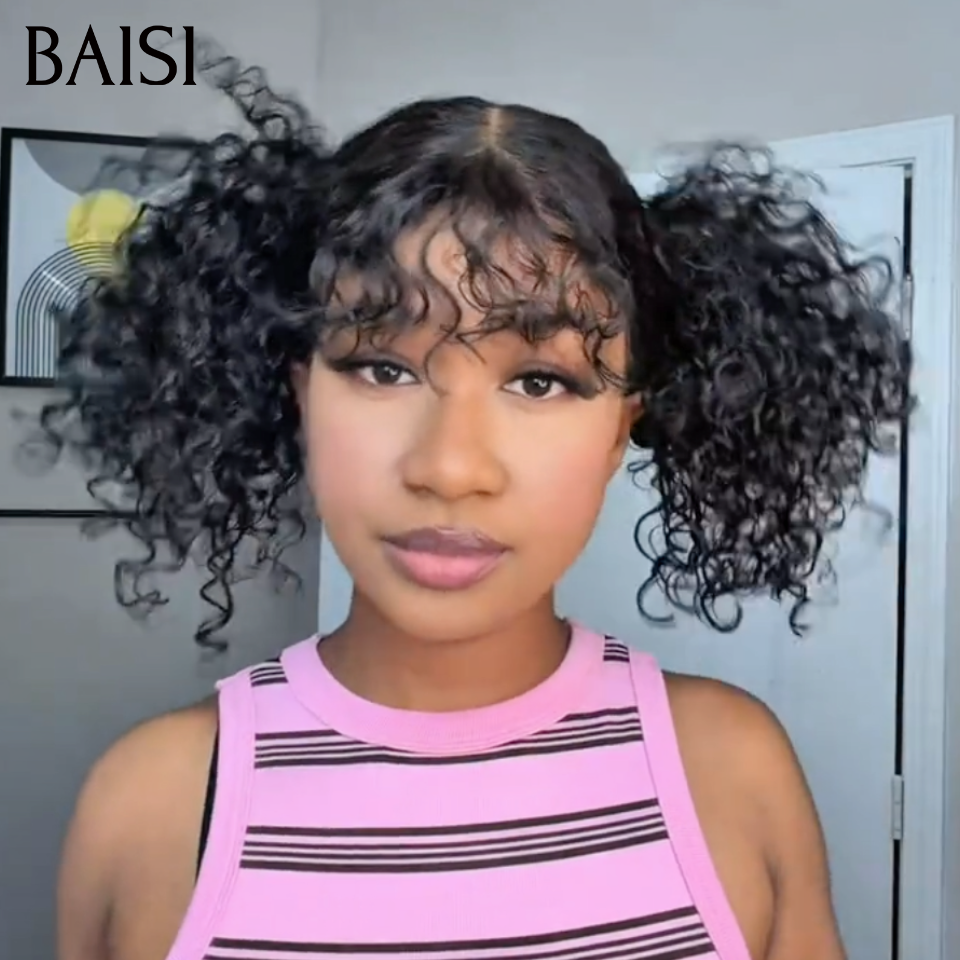 BAISI Peruca Afro Curly encaracolada 4# Castanho com franja 14 Polegadas 119€ ou 300% densidade 99J# 16 polegadas 168€ em 100% cabelo humano de boa qualidade FR38