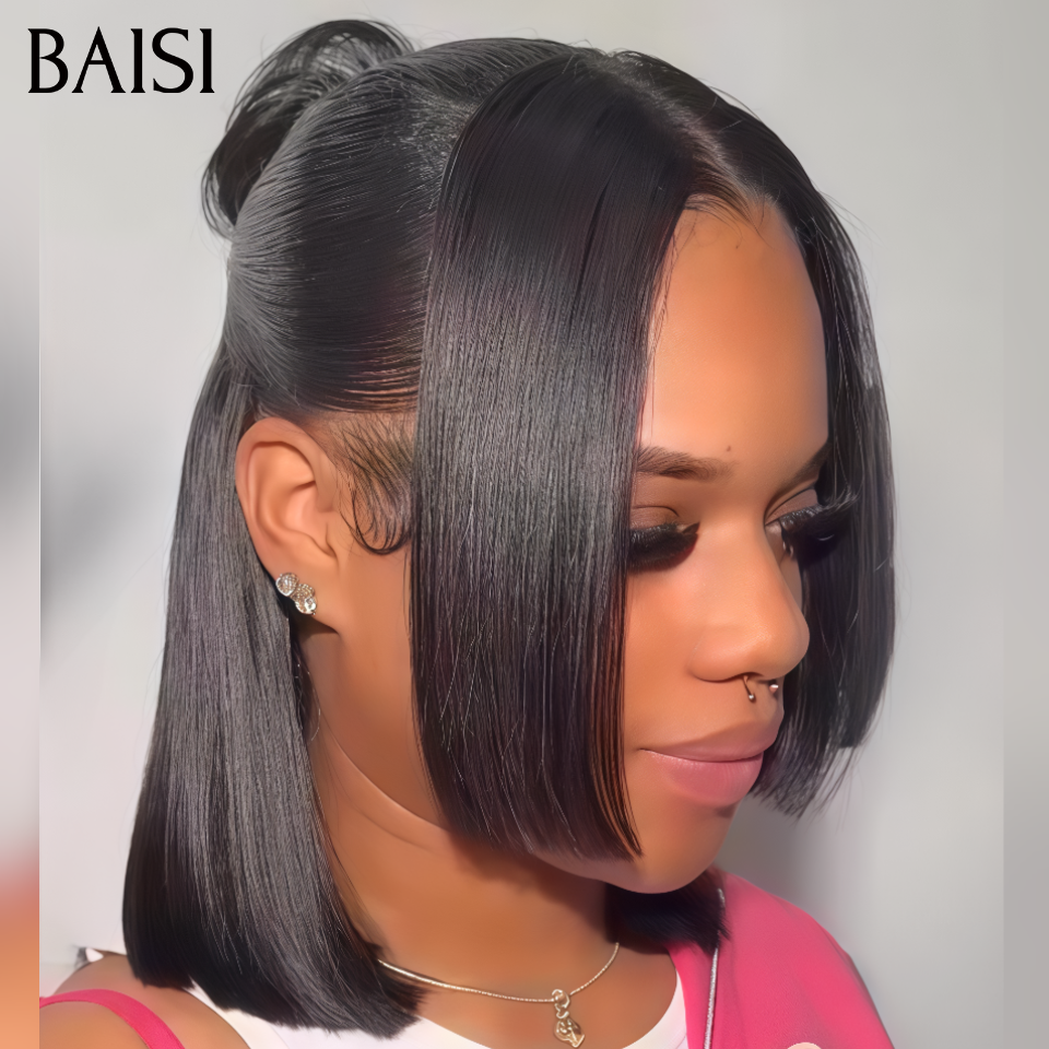 BAISI 13x4 lace Perruque Coiffée Bob Lisse Noir 1B#  10Pouces 85€ Coiffure Tendance en 100% Cheveux Humains