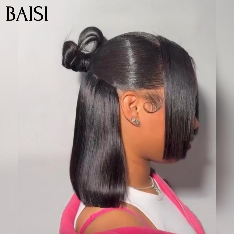 BAISI 13x4 lace Perruque Coiffée Bob Lisse Noir 1B#  10Pouces 85€ Coiffure Tendance en 100% Cheveux Humains