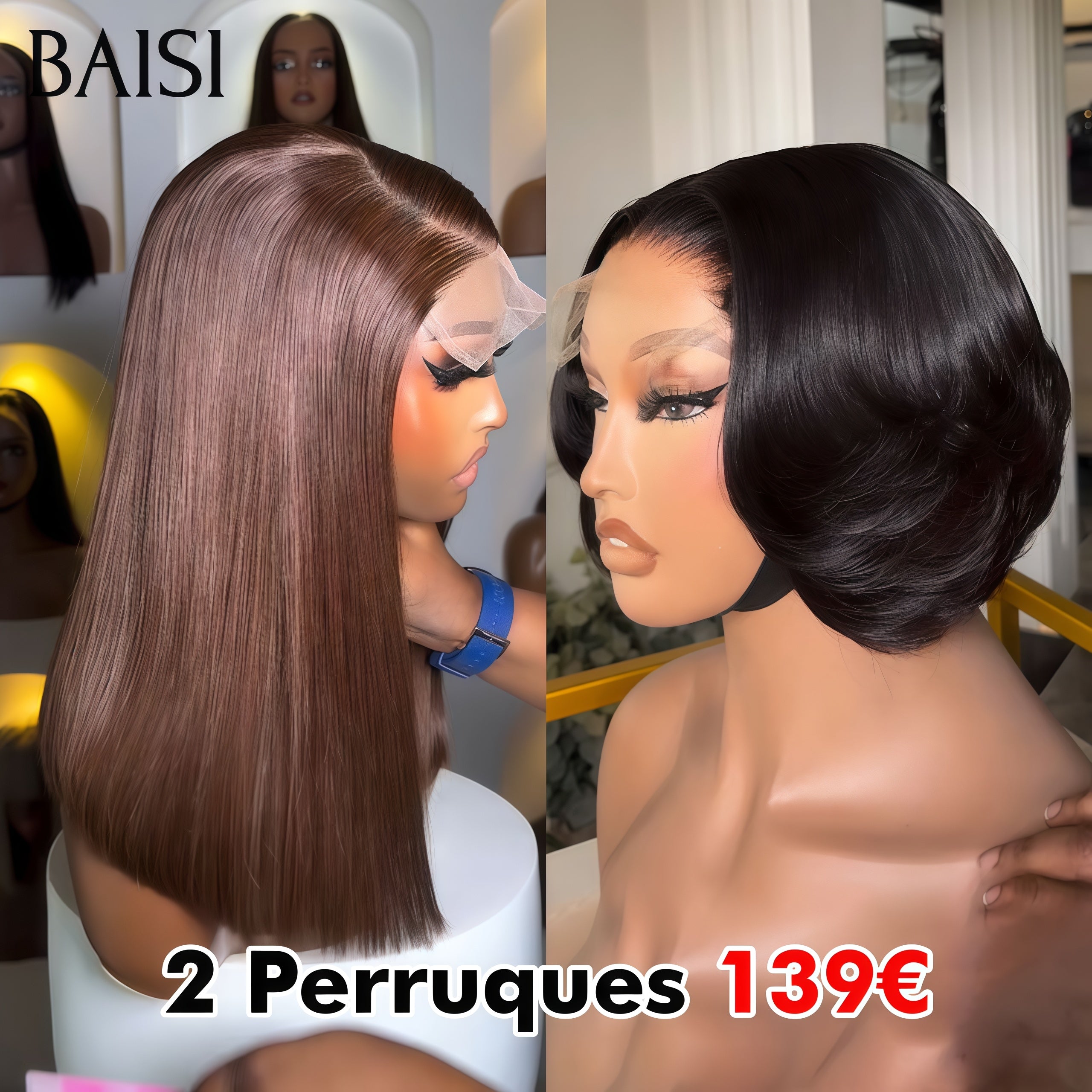 BAISI 2 Perruques 139€ 4X4 lace closure 10 Pouces Lisse Marron et 13X4 lace frontal pixie en 100% vrais cheveux humains