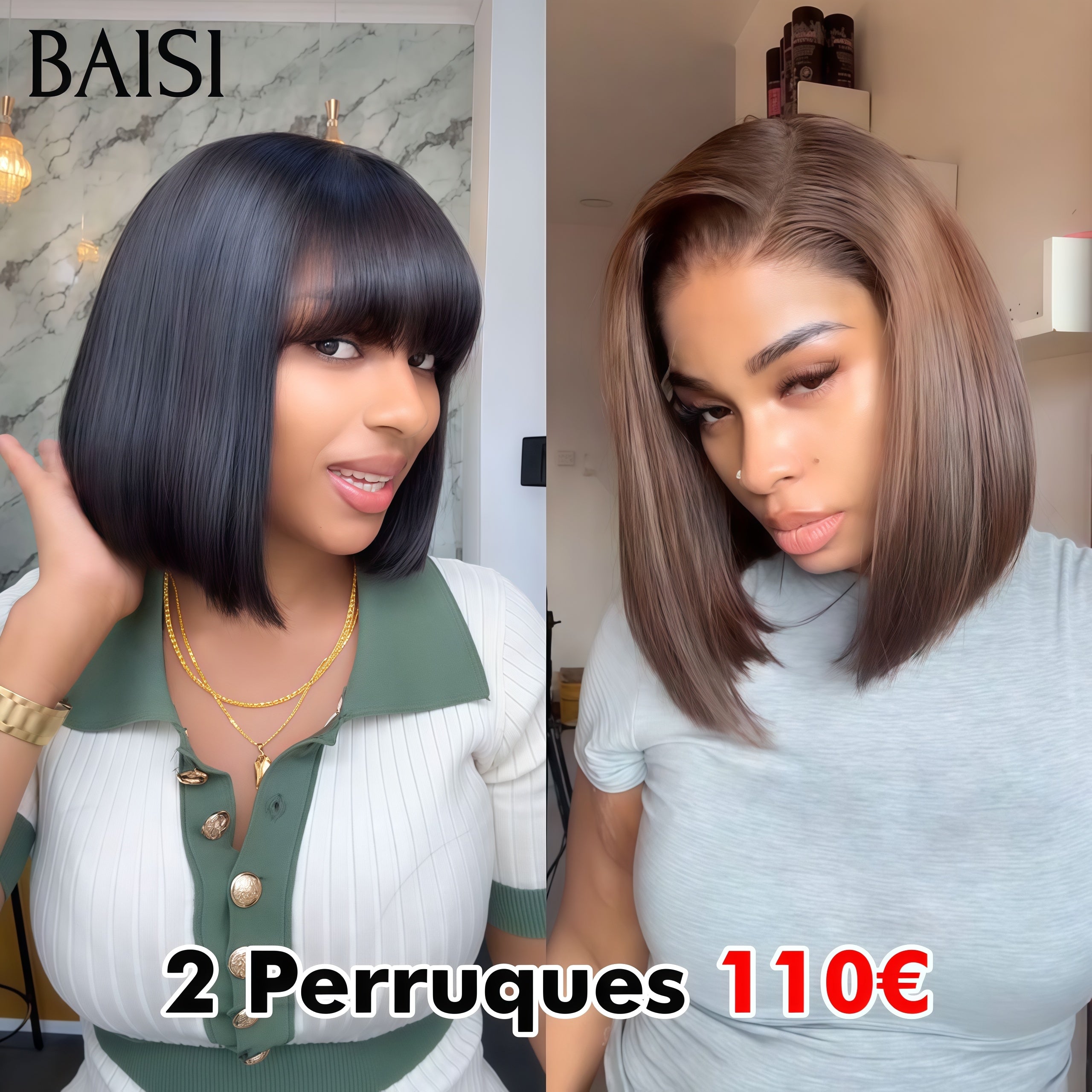 BAISI Lot de 2 perruques Flash Offer PROMOTION 110€ Lisse Marron et cu 2x4 Lisse Bob avec Frange 8 Pouces 100% vrais cheveux humains