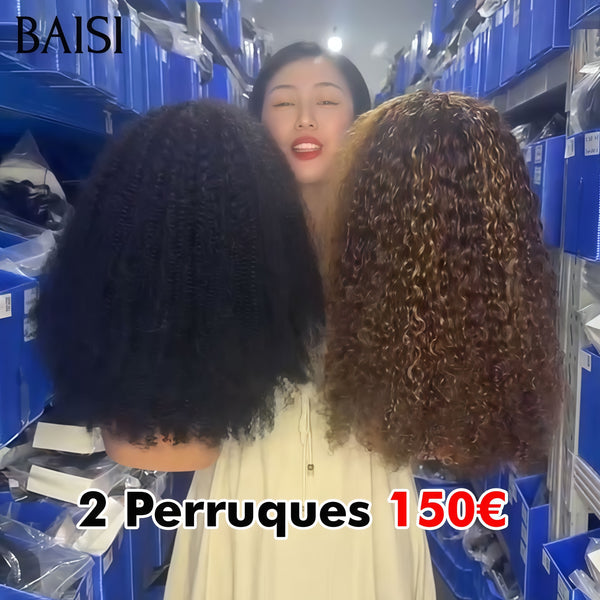 BAISI Lot de 2 perruques 150€ 4X4 lace closure 14 Pouces water wave 250% Densité Mixte ou NOIR en 100% vrais cheveux humains