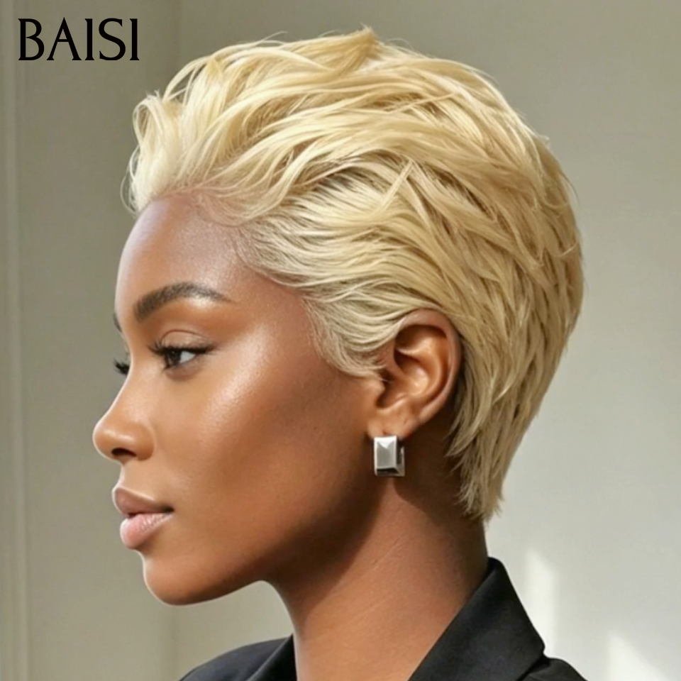 BAISI 13x4 Lace Perruque Coiffée Pixie Lisse Blonde 613# Coiffure Bien Dressée en 100% Cheveux humains
