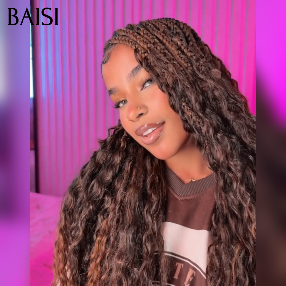 BAISI 13x6 Lace Perruque Coiffée Deep Wave Demi-Tresses 24Pouces Couleur Châtain Marron 2B30# Look Original en 100% Cheveux humains