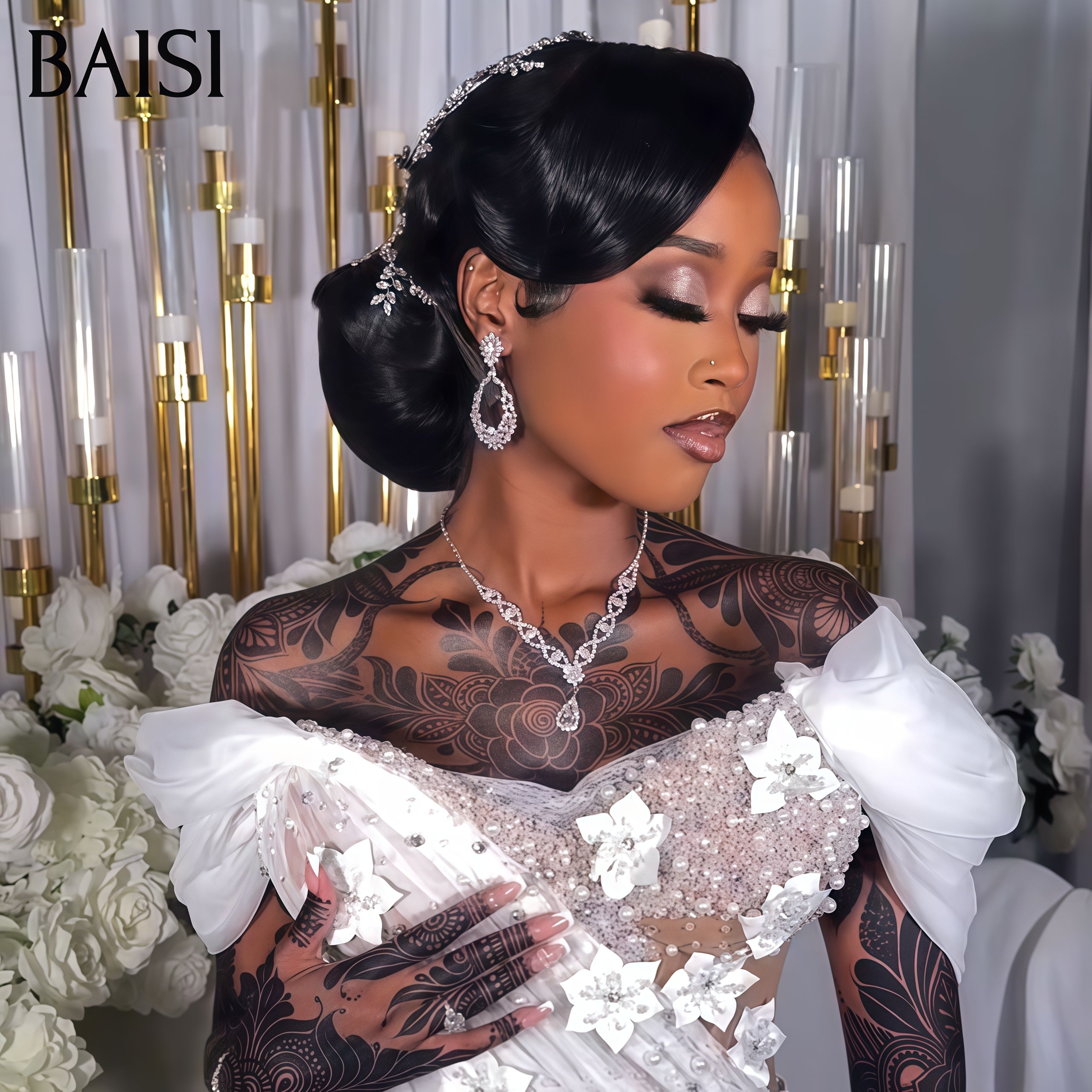 BAISI Coiffure de luxe Lillian Perruques Mariage noir Prête à porter chignon et personalisation comme sur la vidéo 100% identique avec lace frontale événement spécial BS120