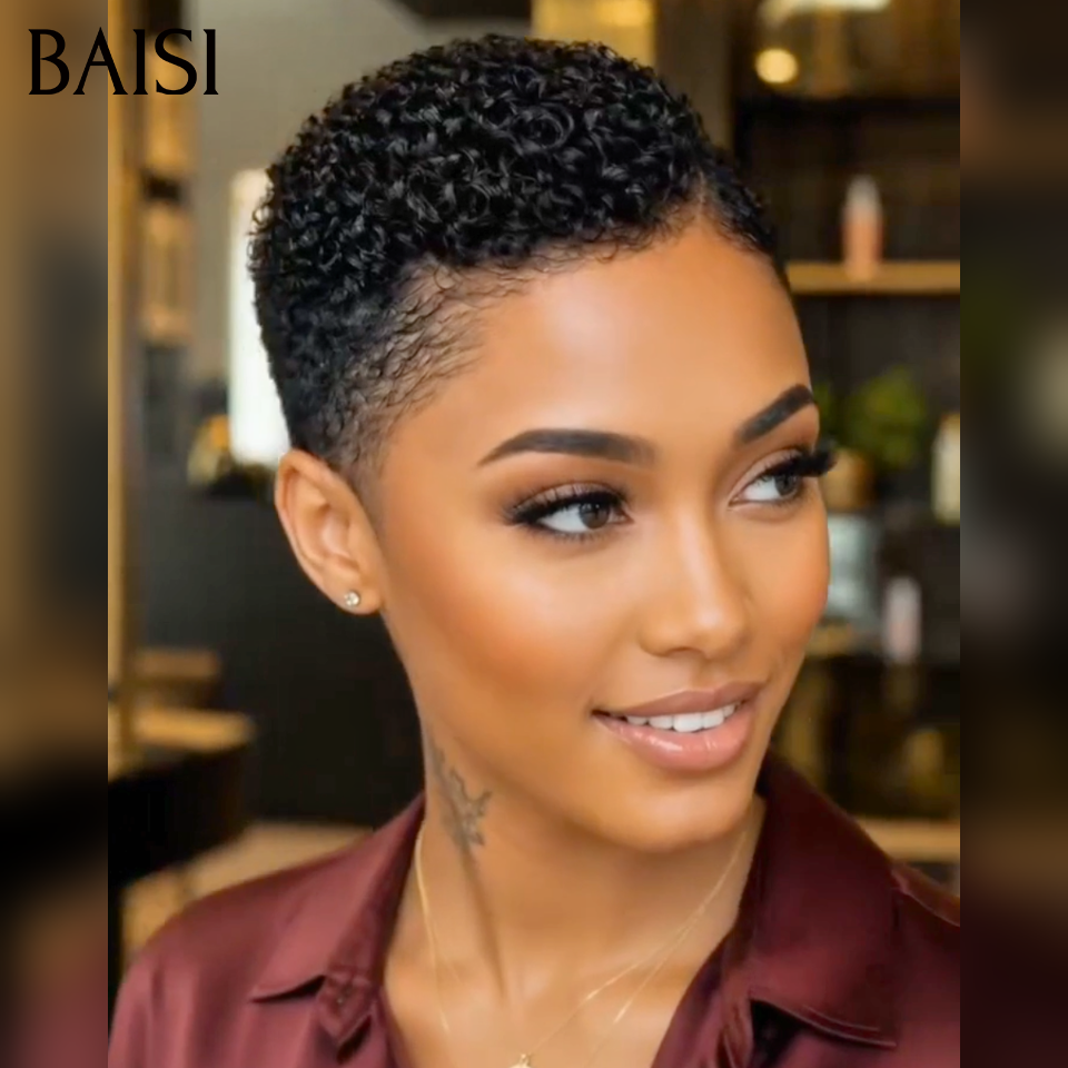 BAISI 13x4 Lace Perruque Pixie  Kinky Curly 72€ Couleur Noir 1B# 100% Identique Très Bonne Qualité en 100% Cheveux humains