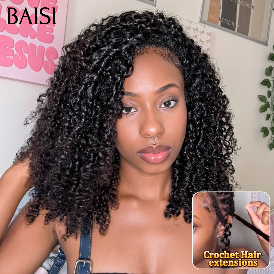 BAISI Extensions Plumes 100% Cheveux Humains Boucle Deep Curl Couleur Noir 1B# Pose Etape par Etape en Crochet 100Gr Résultat Impeccable et Durable