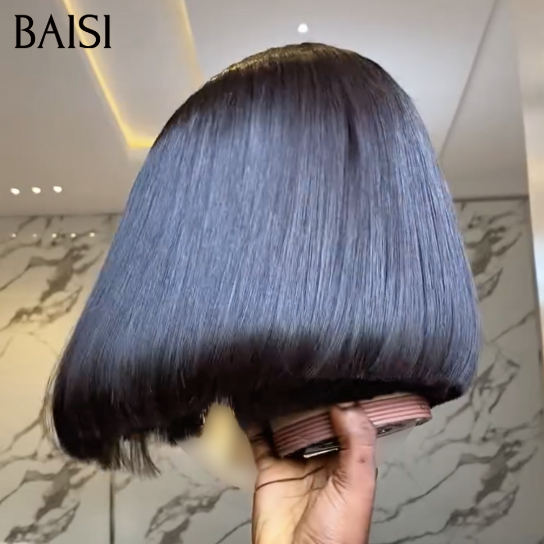 BAISI Perucas de Luxo Lisas com Franja, Fabricadas com Cabelo Double Drawn e Risca Natural ao Meio, B Vietnam Hair, Densidade 250%, Mais de 20 Anos de Utilização MP50