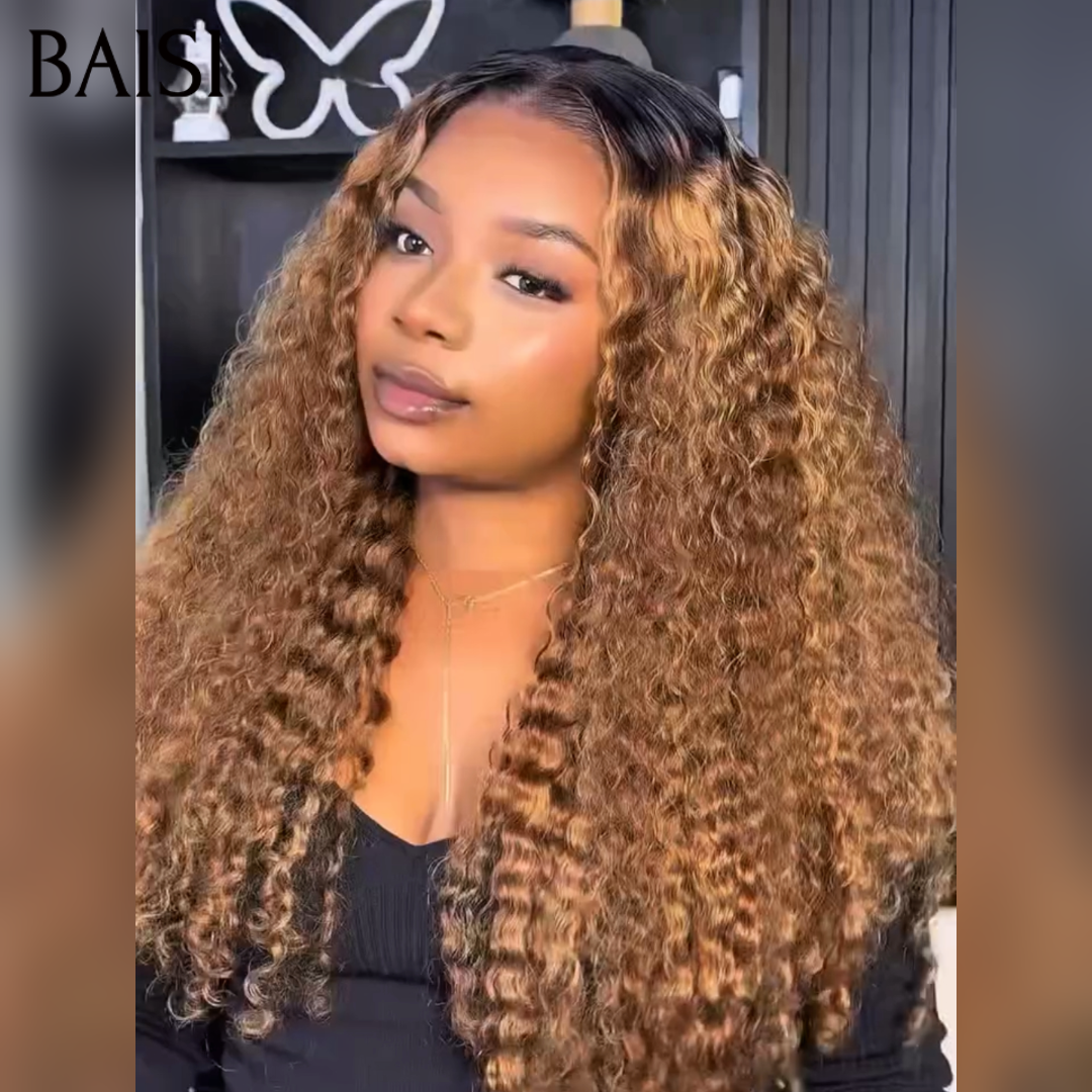BAISI 13x4 Lace Perruque Curly Wave Bouclée Couleur Noir Miel 4/27# Qualité Garantie Prix Très Abordable en 100% cheveux humains