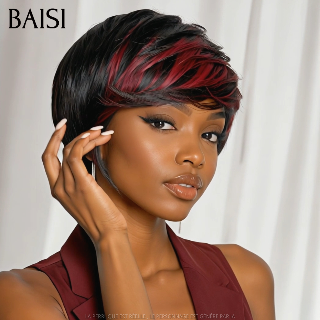 BAISI Perruque Pixie Courte 68€ En couleur Noir mèches Rouge Sans Colle Sans Lace Haute Qualité  En 100% Cheveux Humains