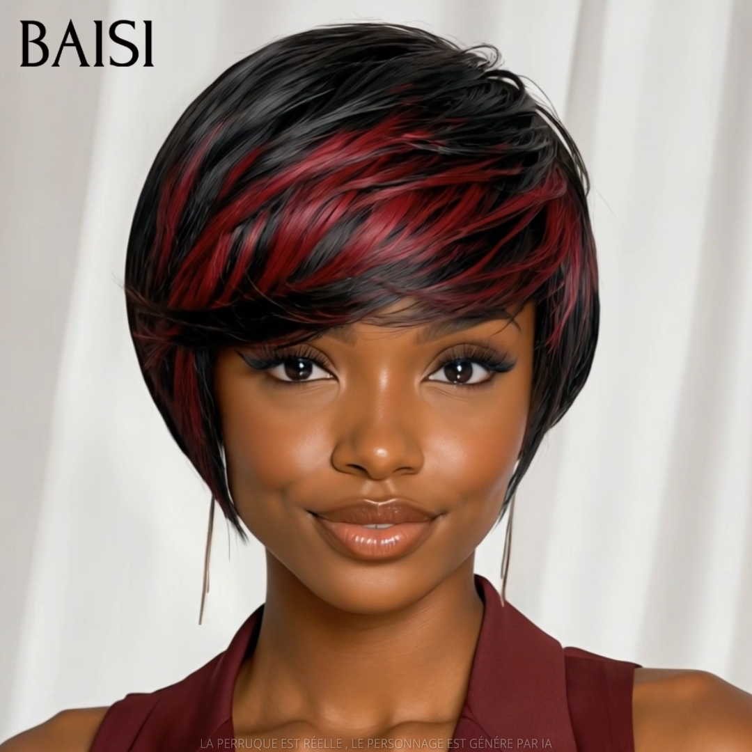 BAISI Perruque Pixie Courte 68€ En couleur Noir mèches Rouge Sans Colle Sans Lace Haute Qualité  En 100% Cheveux Humains