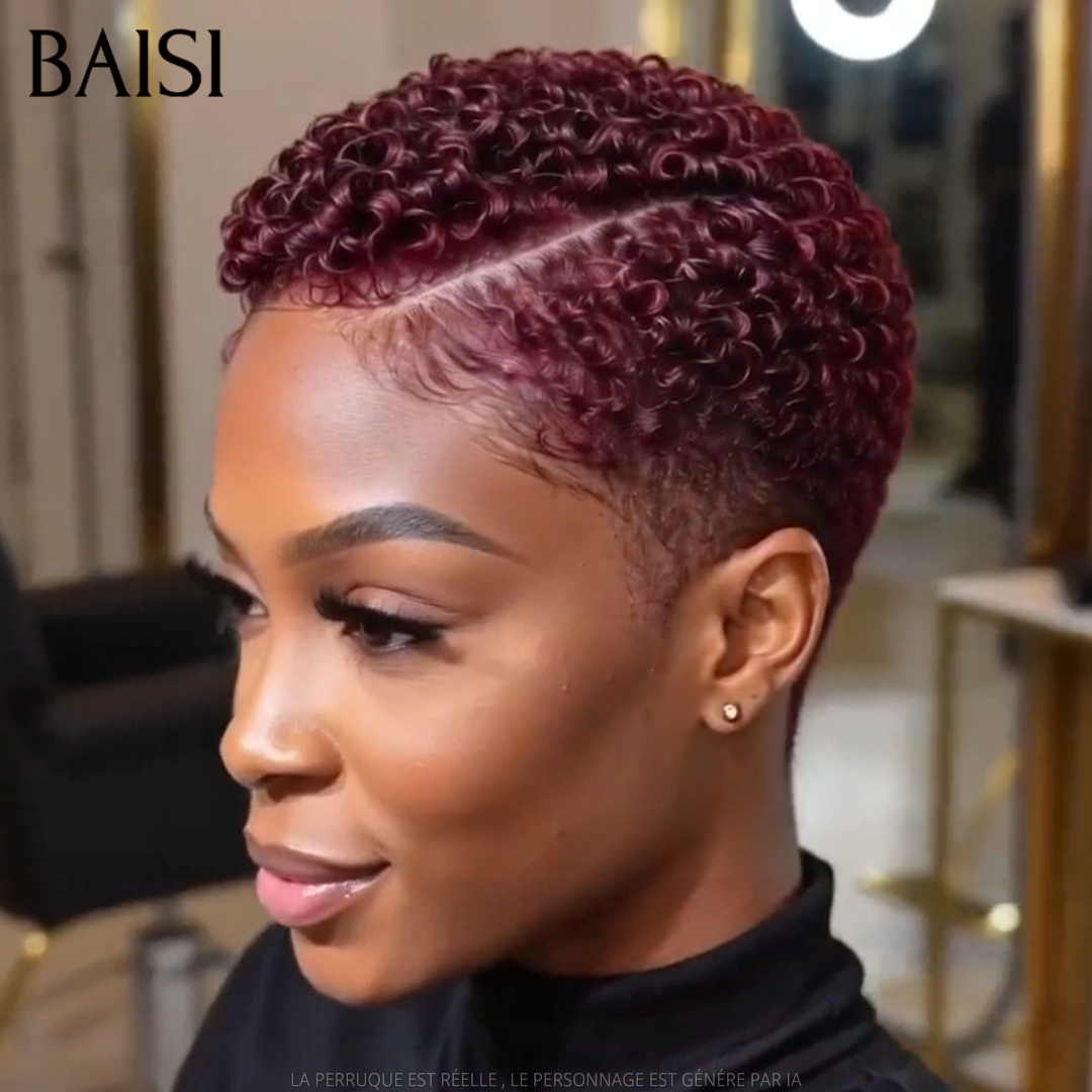 BAISI 13x4 Lace Perruque Pixie Curl Courte Rouge Bordeaux 79€ Modèle Unique Avec Raie Rayonnante en 100% cheveux humains