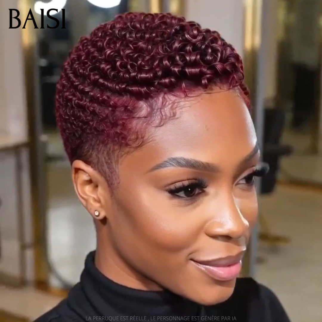 BAISI 13x4 Lace Perruque Pixie Curl Courte Rouge Bordeaux 79€ Modèle Unique Avec Raie Rayonnante en 100% cheveux humains