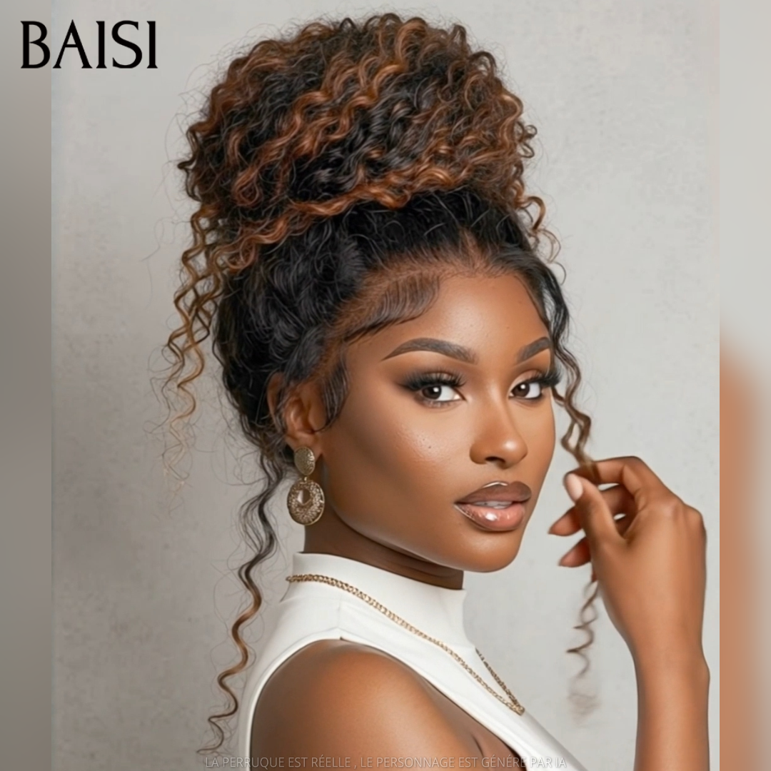 BAISI 13x4 Lace Perruque Déjà Coiffée Curly Couleur Noir et Marron 18pouces 129€ Très charmante et Contre Chaleur en 100% Cheveux humains