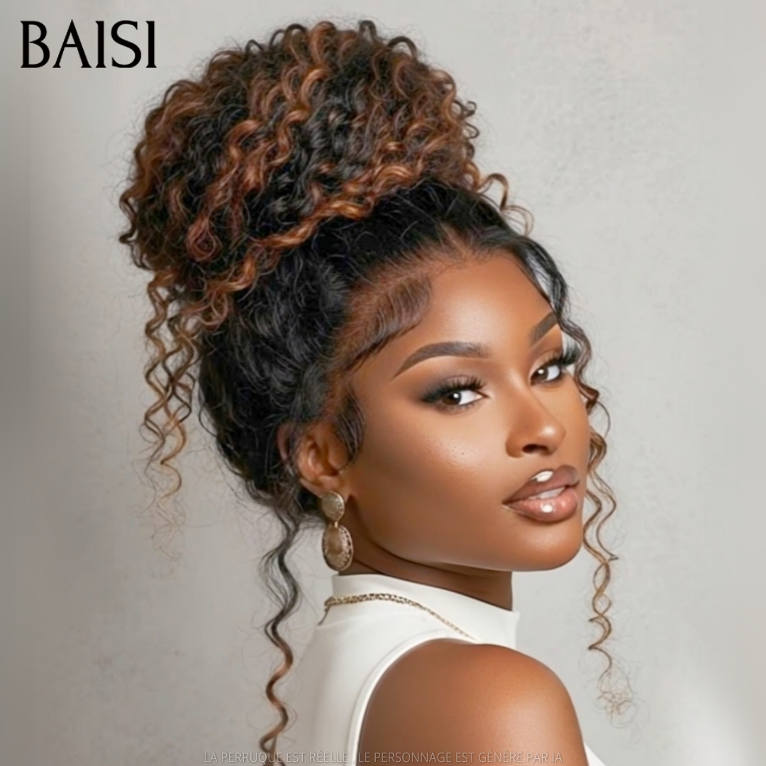 BAISI 13x4 Lace Perruque Déjà Coiffée Curly Couleur Noir et Marron 18pouces 129€ Très charmante et Contre Chaleur en 100% Cheveux humains