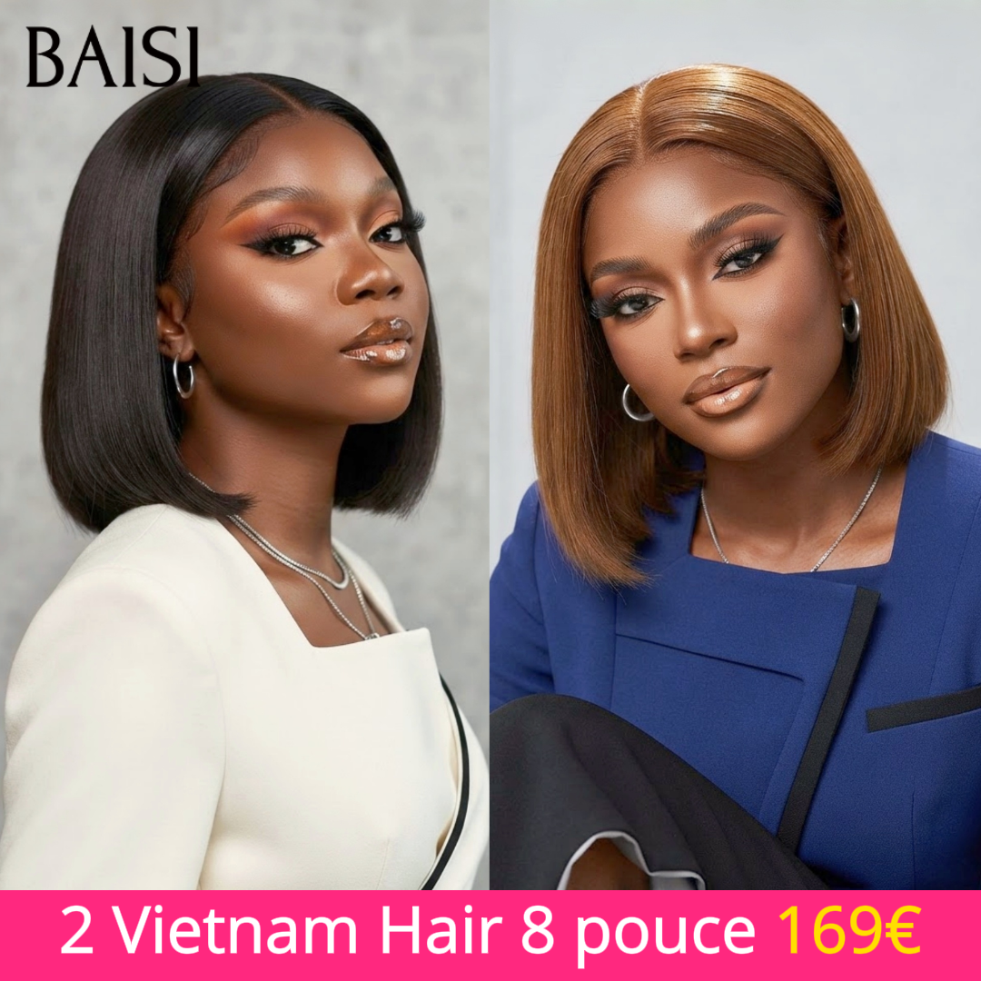 BAISI Lot 2 Perruques Bob Lisse 100% Vietnam Hair Noir + Marron 8 Pouces 169€ Ou Perruque Lisse Longue avec frange Marron 18 pouces En 100% Cheveux Humains